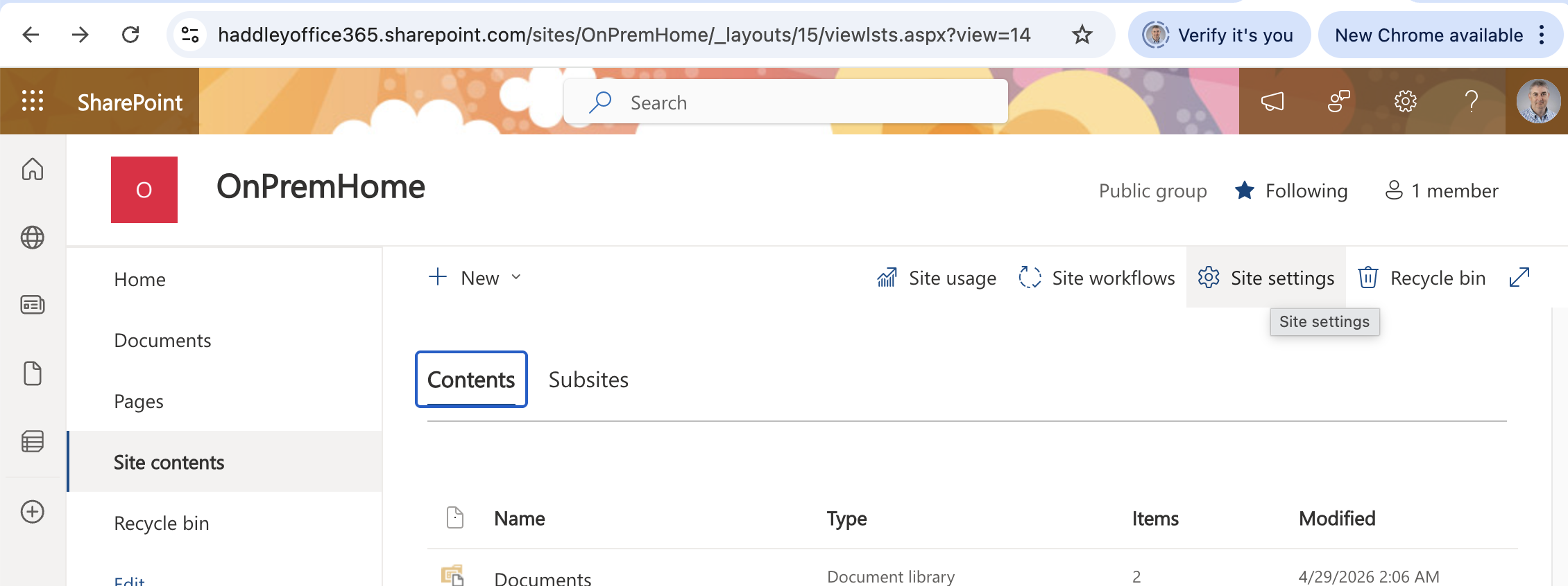 I navigated to Site contents on the OnPremHome site to verify the migrated structure