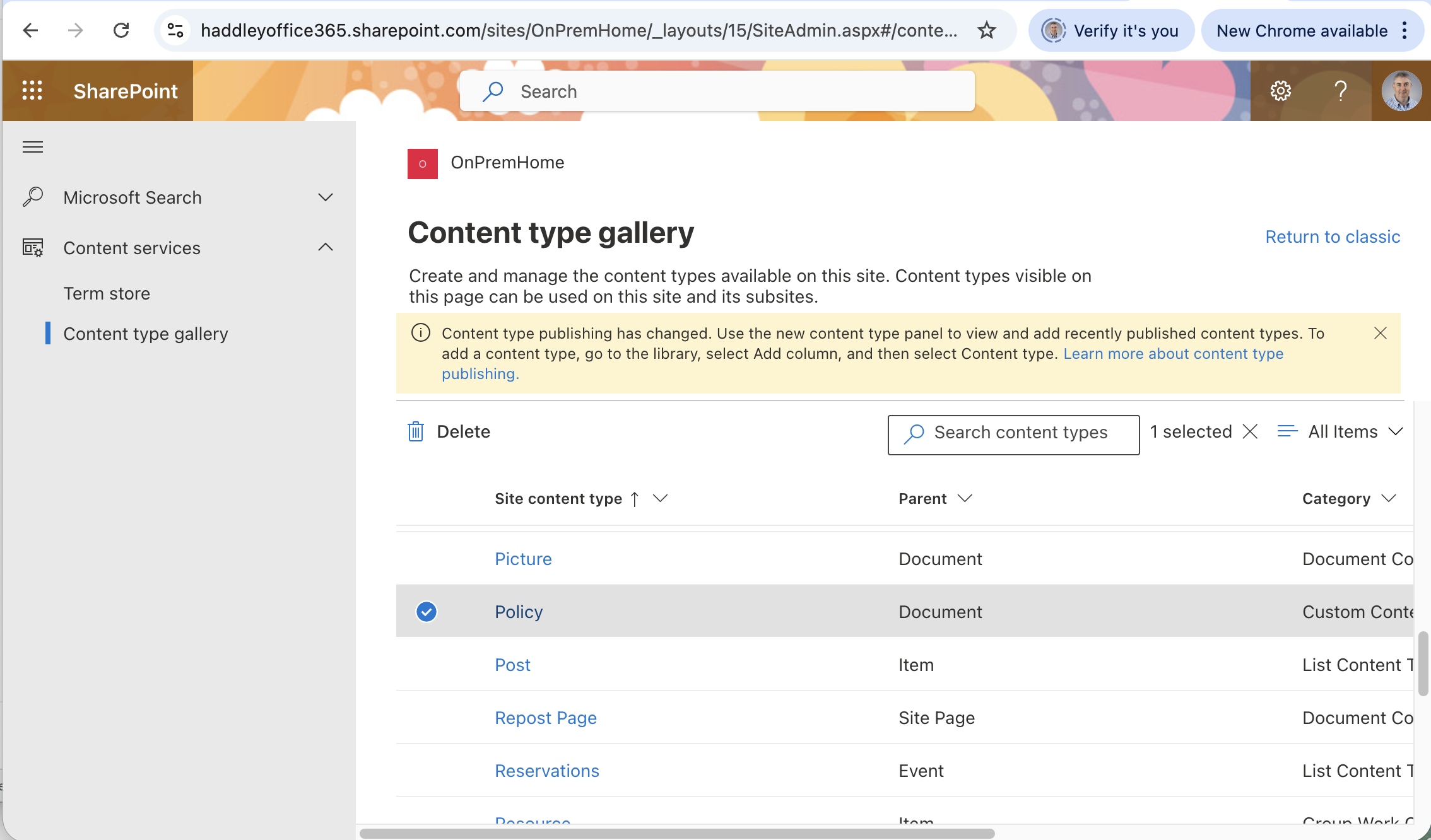 The Content type gallery confirmed the Policy content type had been successfully migrated to SharePoint Online