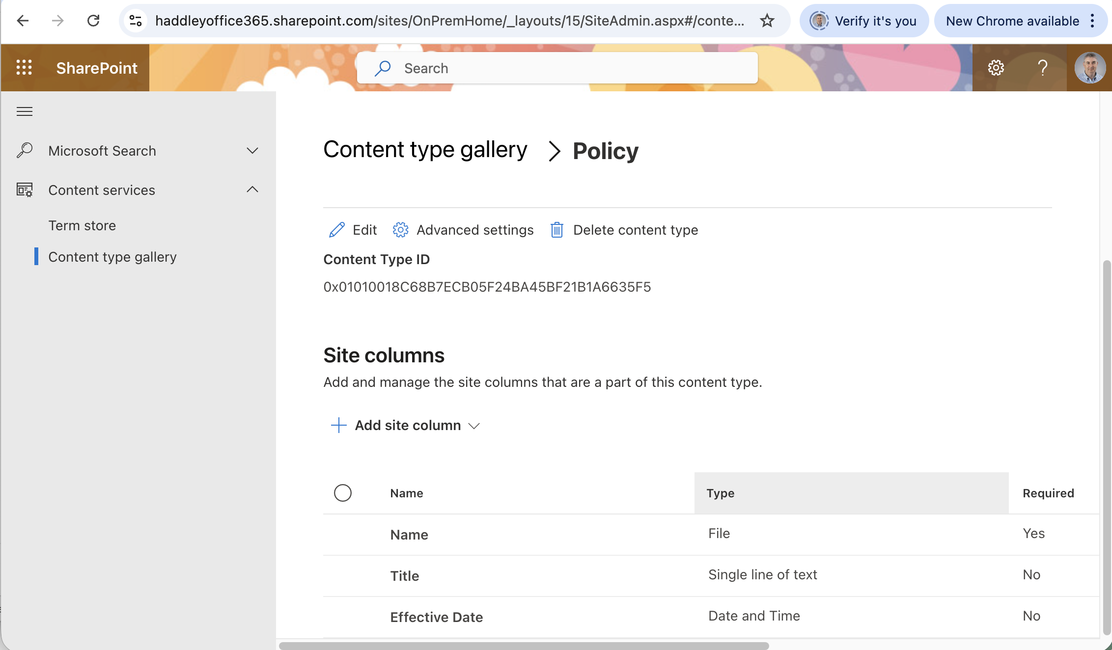 The Policy content type in SharePoint Online showed all three site columns: Name, Title, and Effective Date