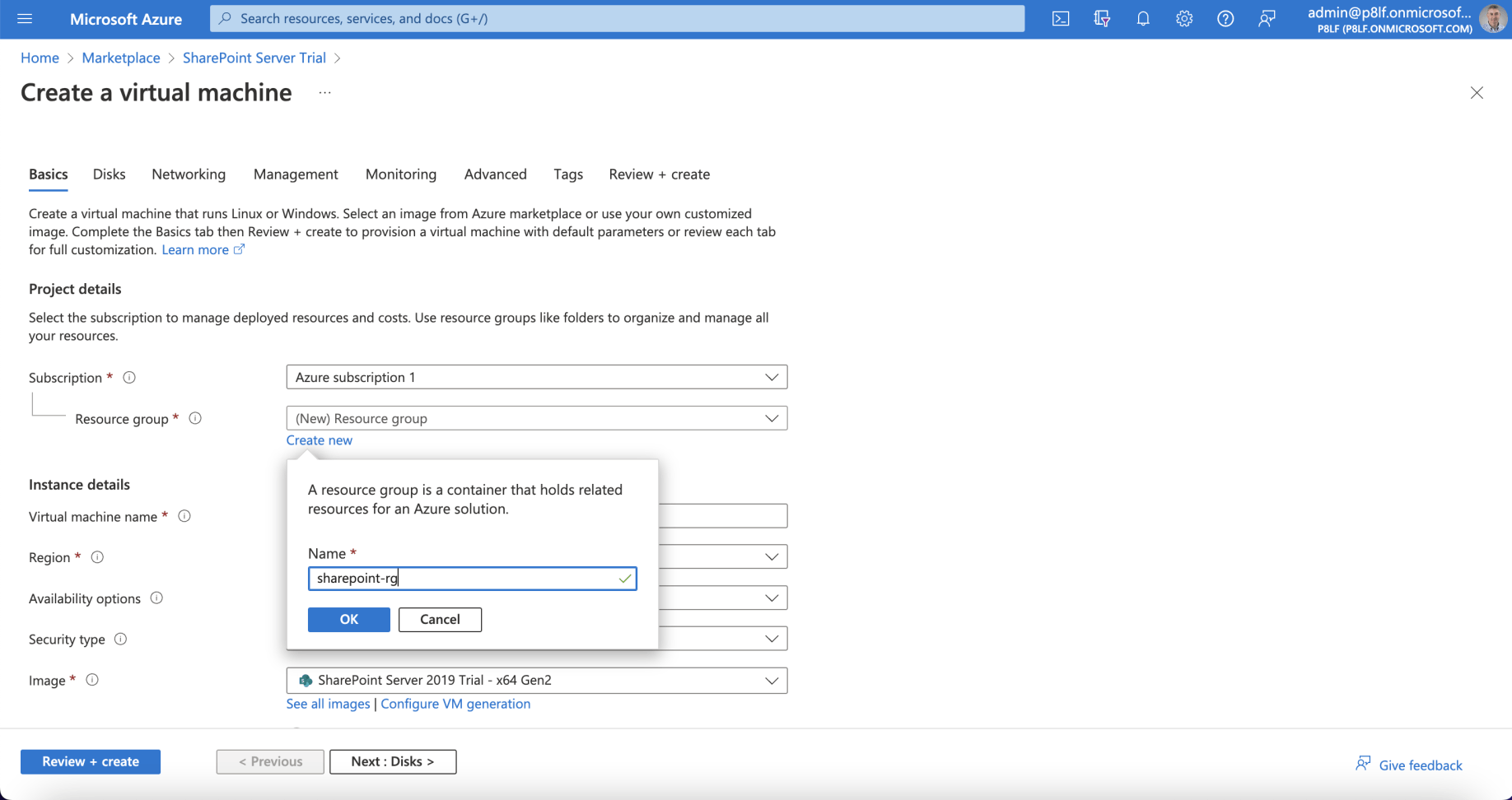 I created a new Azure Resource Group 'sharepoint-rg'