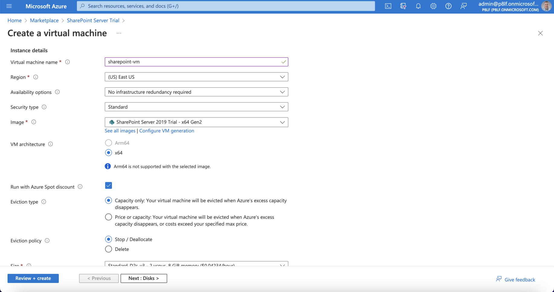 I named the new virtual machine 'sharepoint-vm'