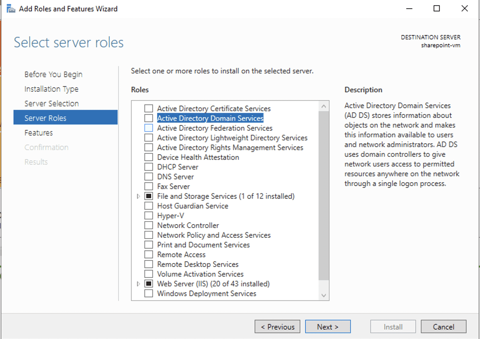 I selected the 'Active Directory Domain Services' option and clicked next