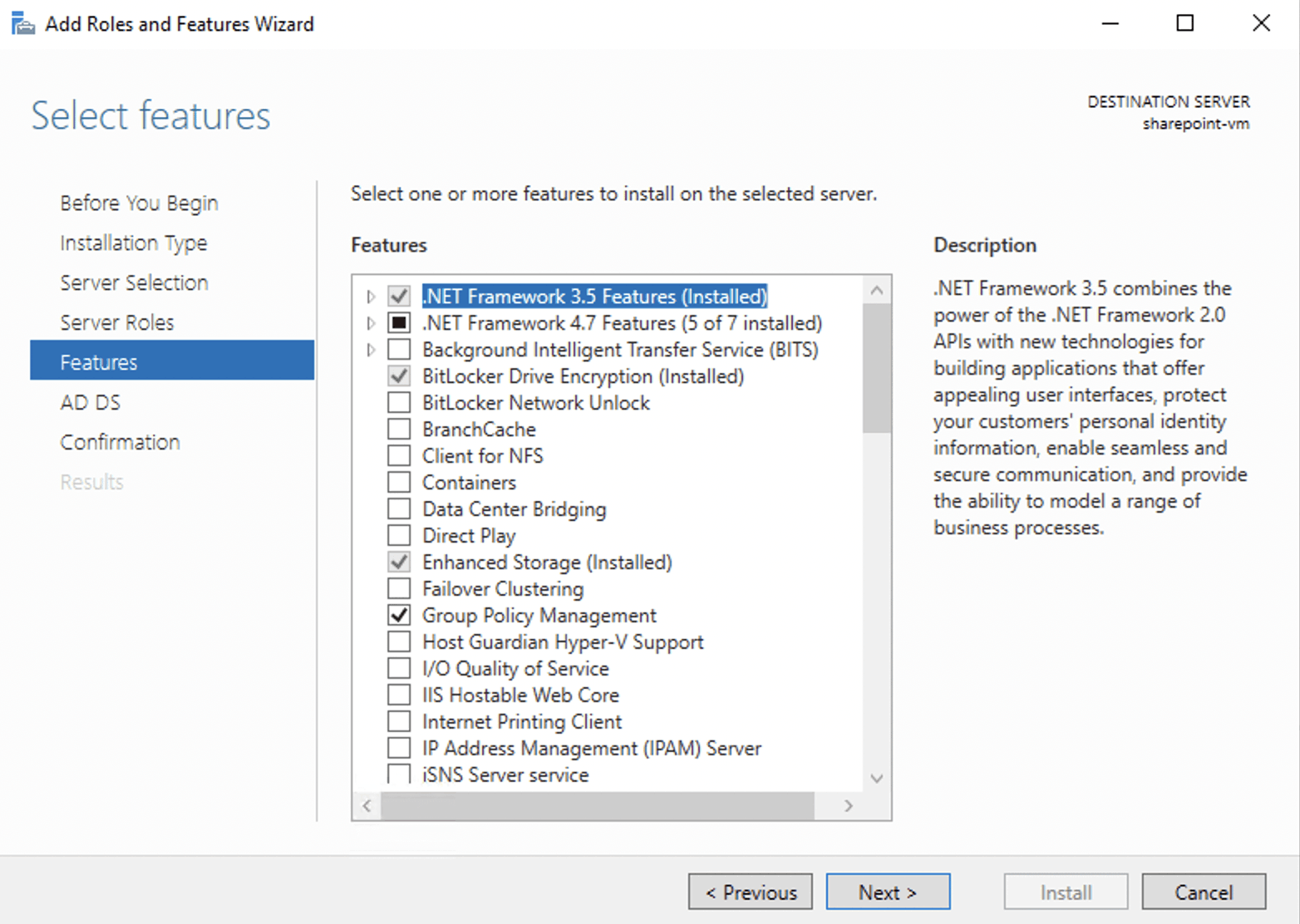I reviewed the features that would be installed and clicked next
