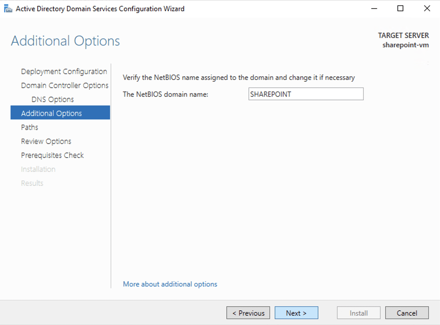 I reviewed the suggested NetBIOS domain name 'SHAREPOINT' and clicked next