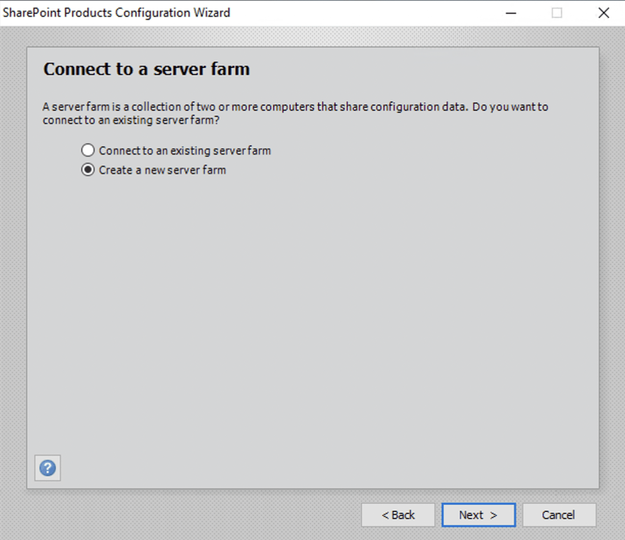 I selected 'Create a new farm' and clicked next