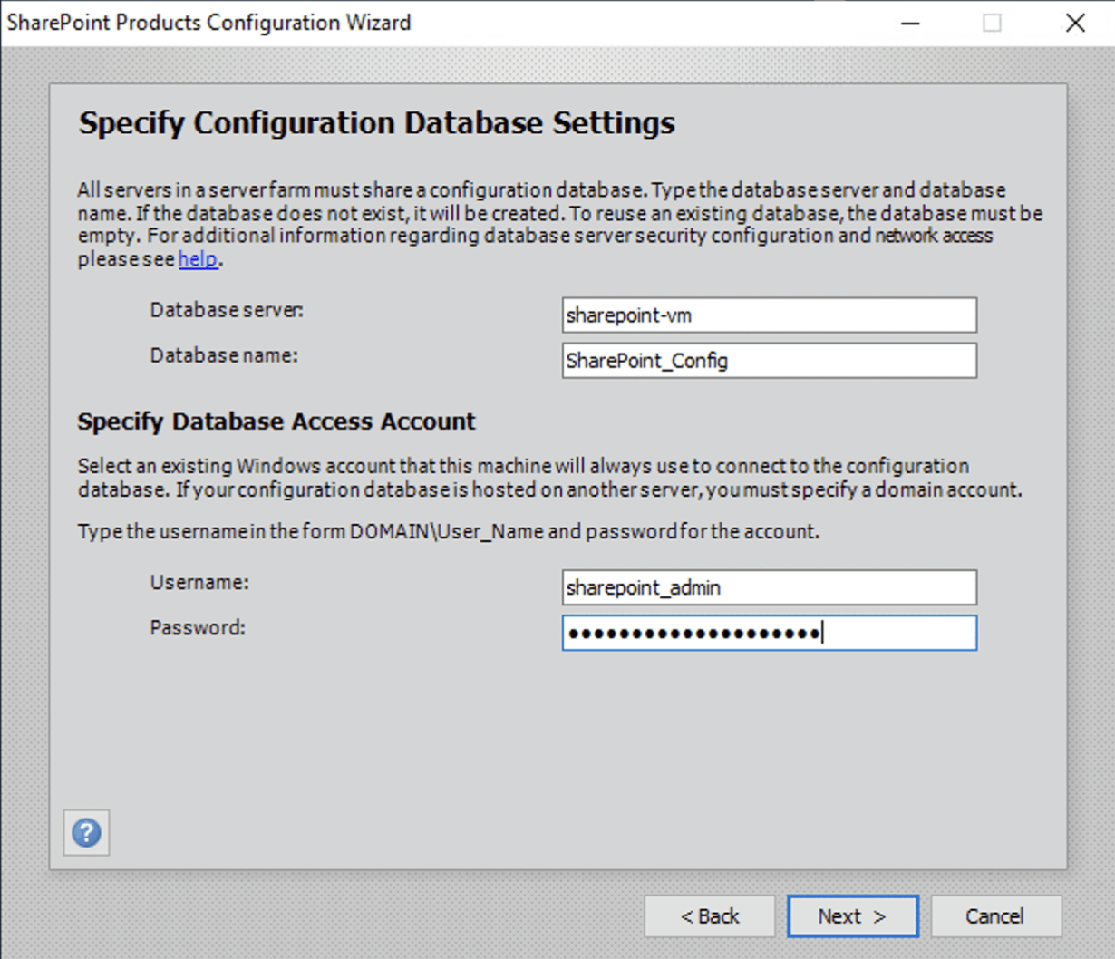 I entered the local server's name as the database server and provided the administrator's credentials