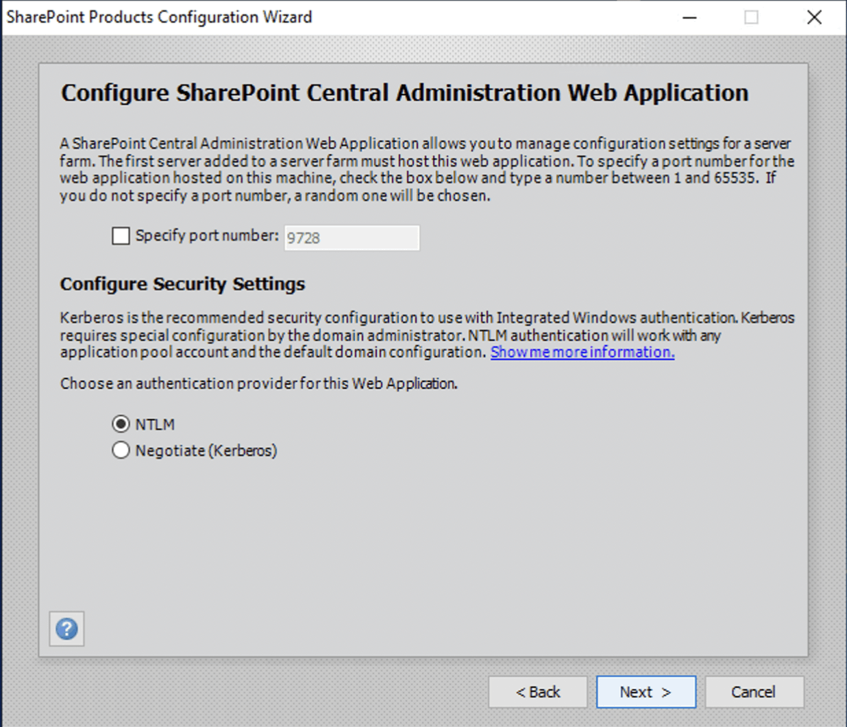 I accepted the suggested (random) administration site port number 9728