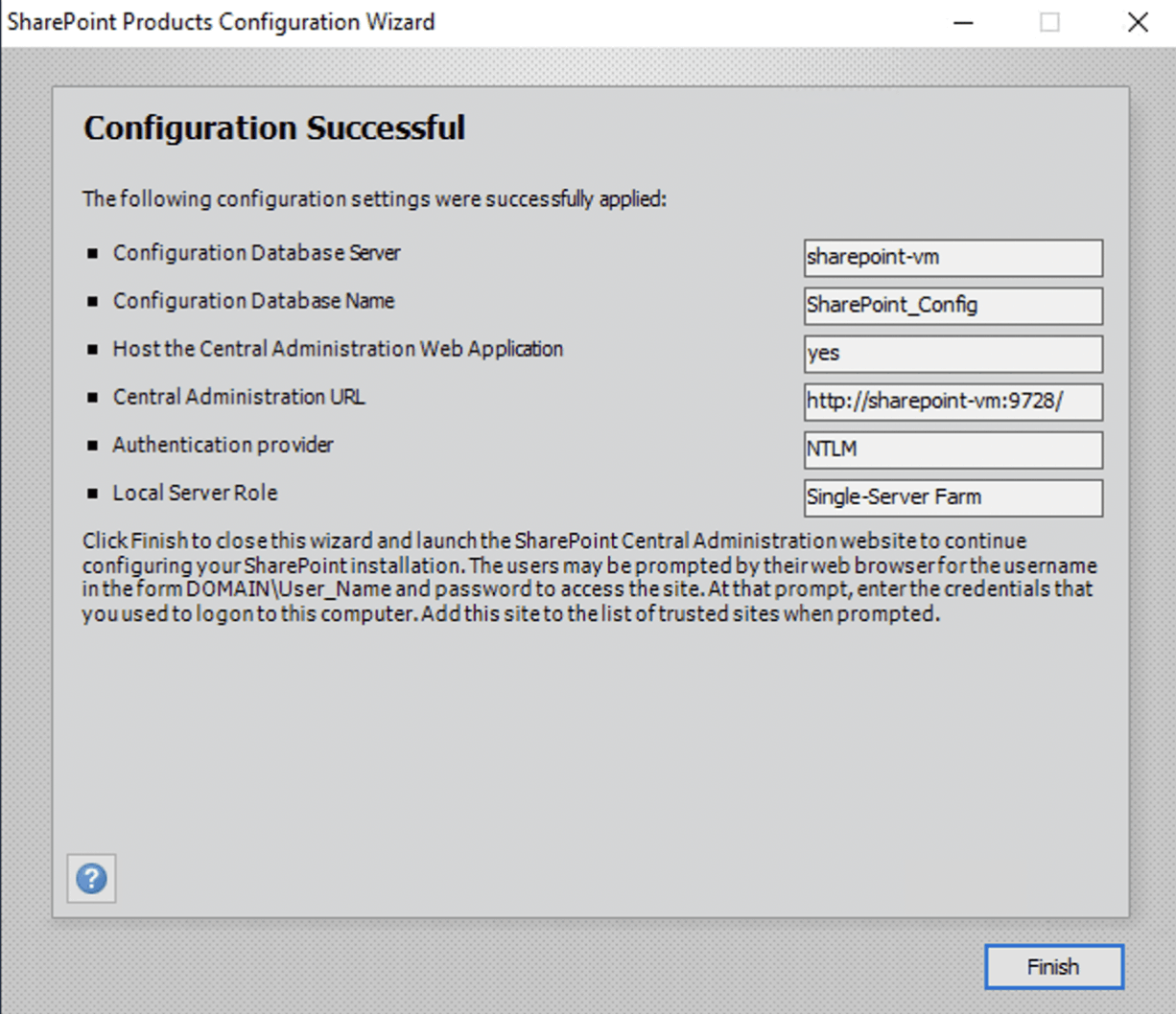 The configuration wizard finished