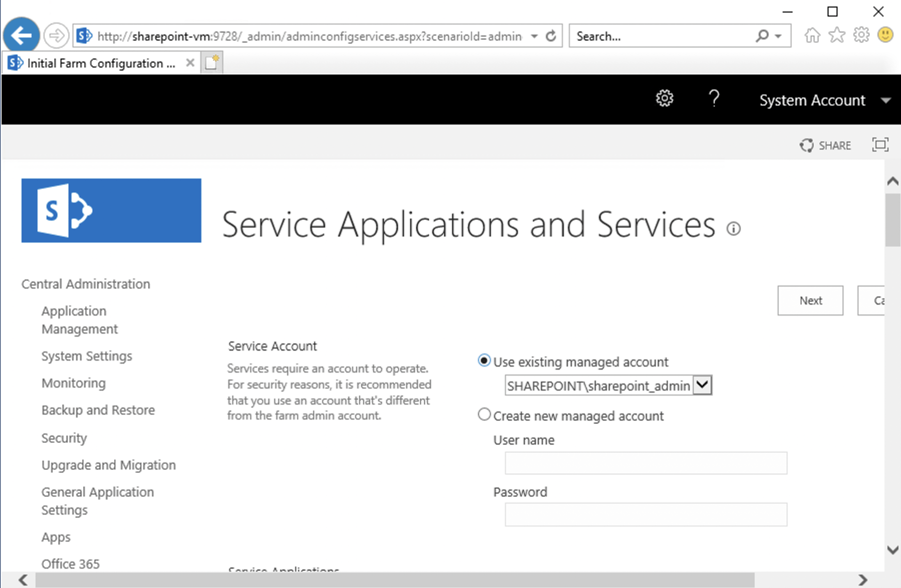 I specified that all of the SharePoint Services should runas the same administrator account
