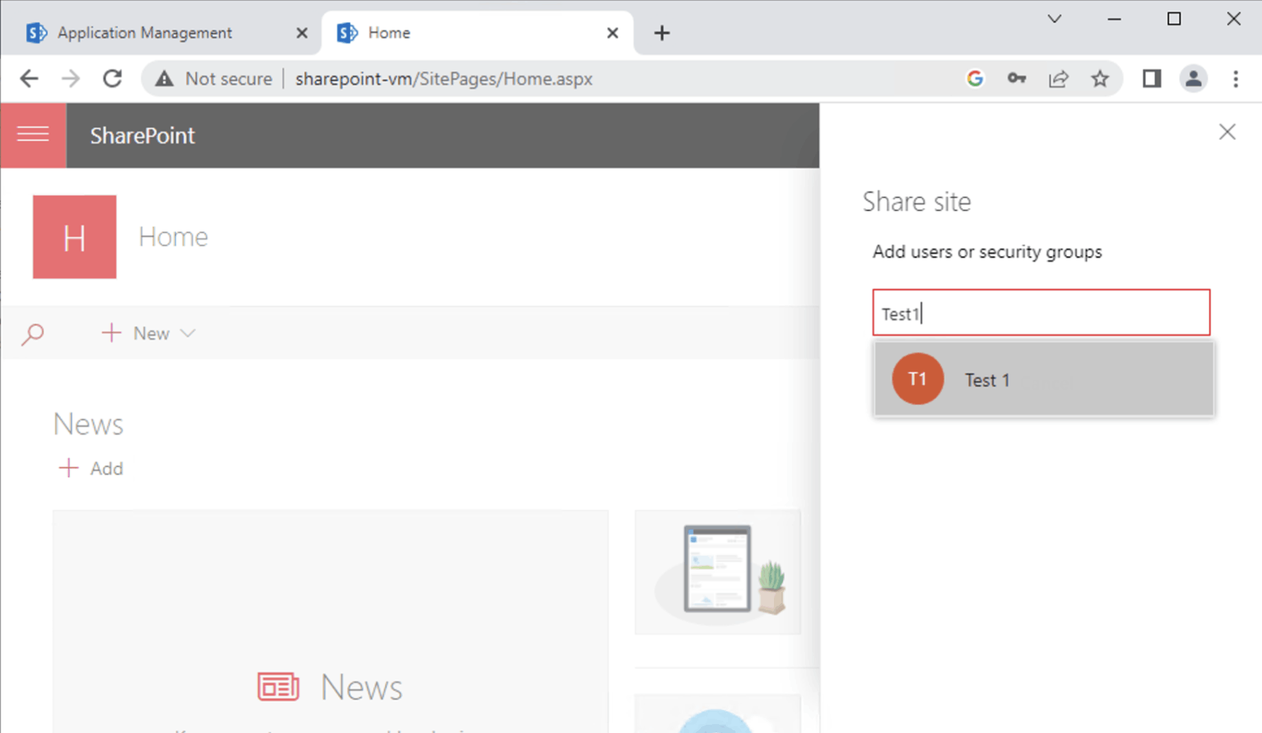 I shared the Team Site with the Test 1 and Test 2 users
