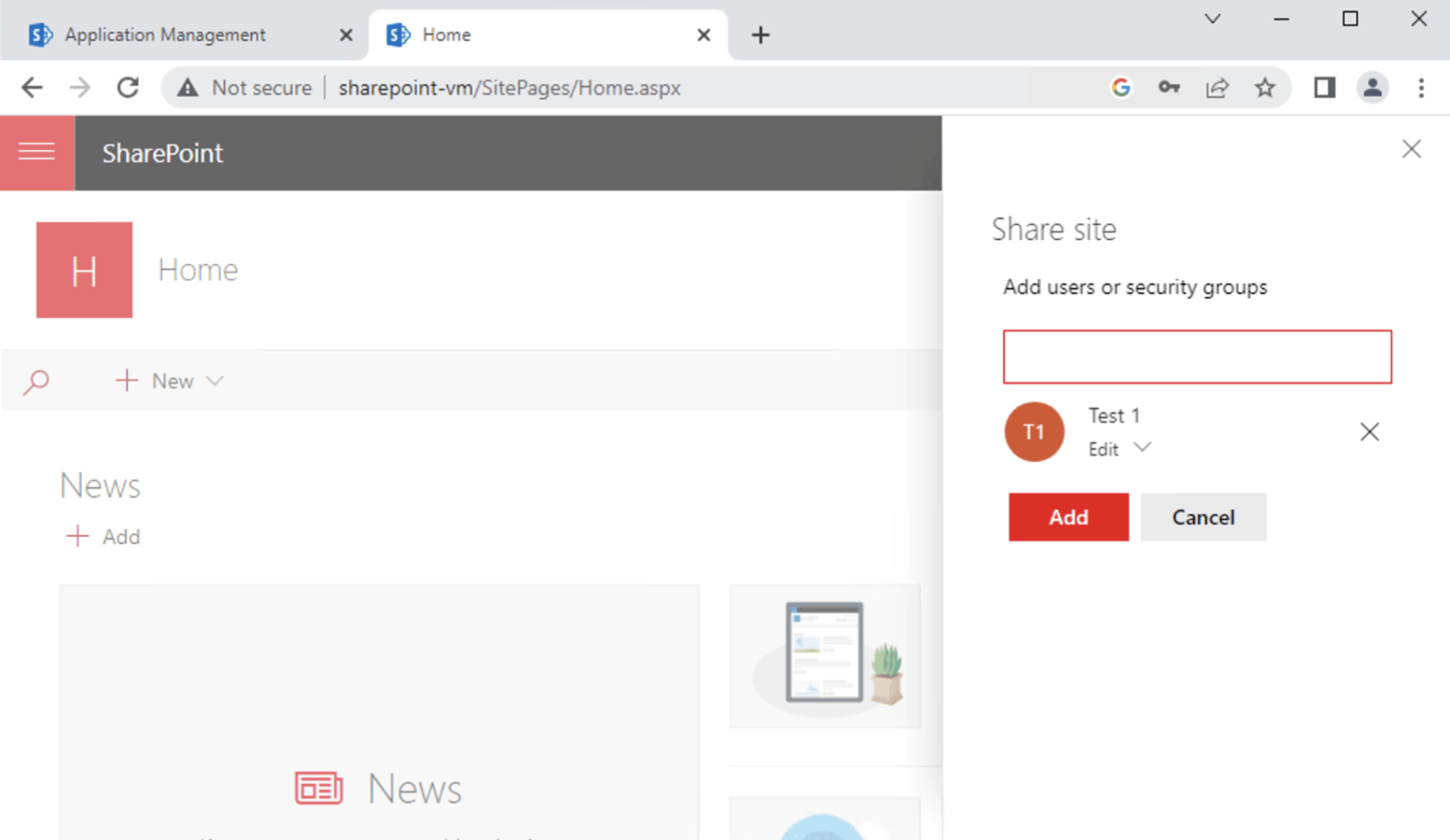 The Test 1 and Test 2 users are able to View and Edit items in the Team Site