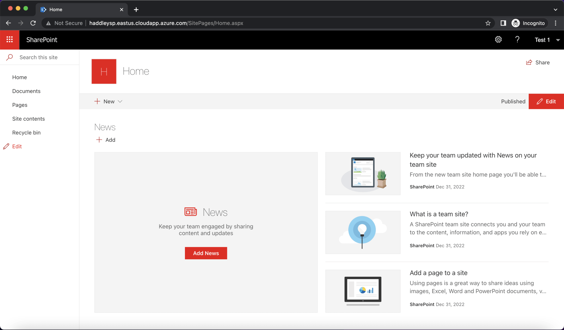 I was able to access the Team Site as user Test 1