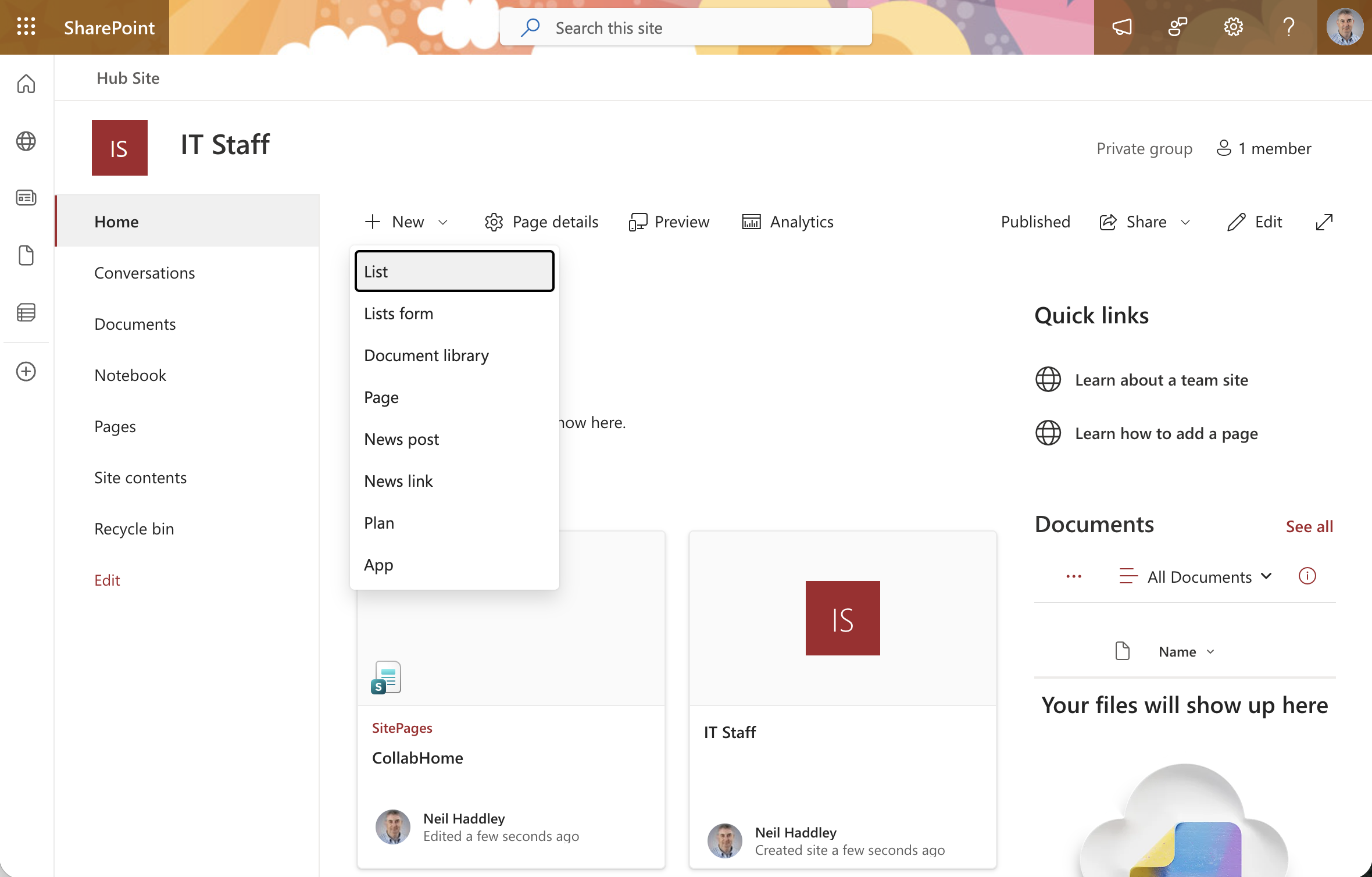 I opened the IT Staff SharePoint site and clicked New > List to create a new list