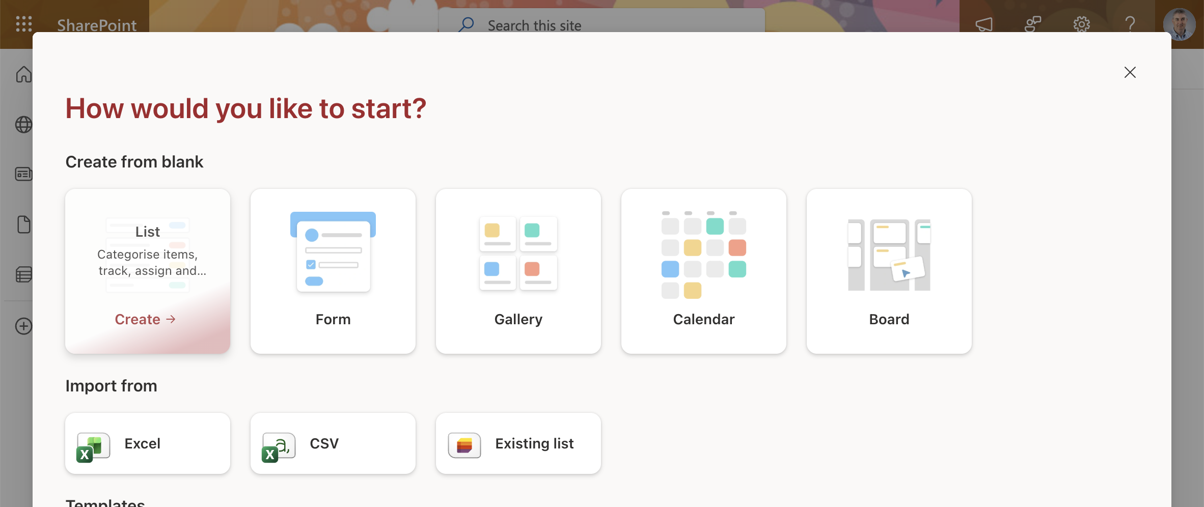The "How would you like to start?" dialog appeared — I chose to create a blank List