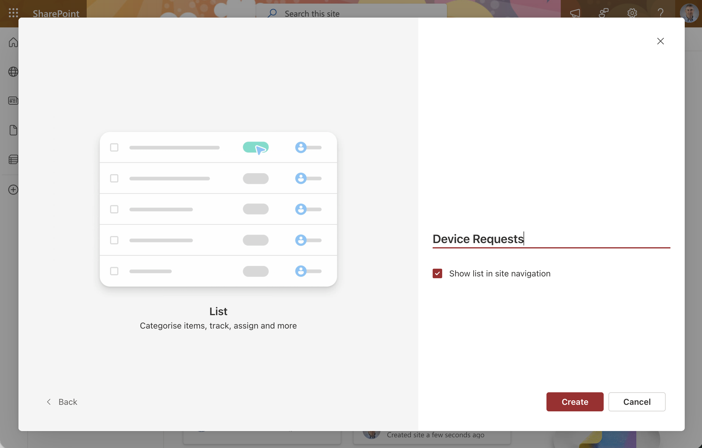 I named the new list "Device Requests" and clicked Create