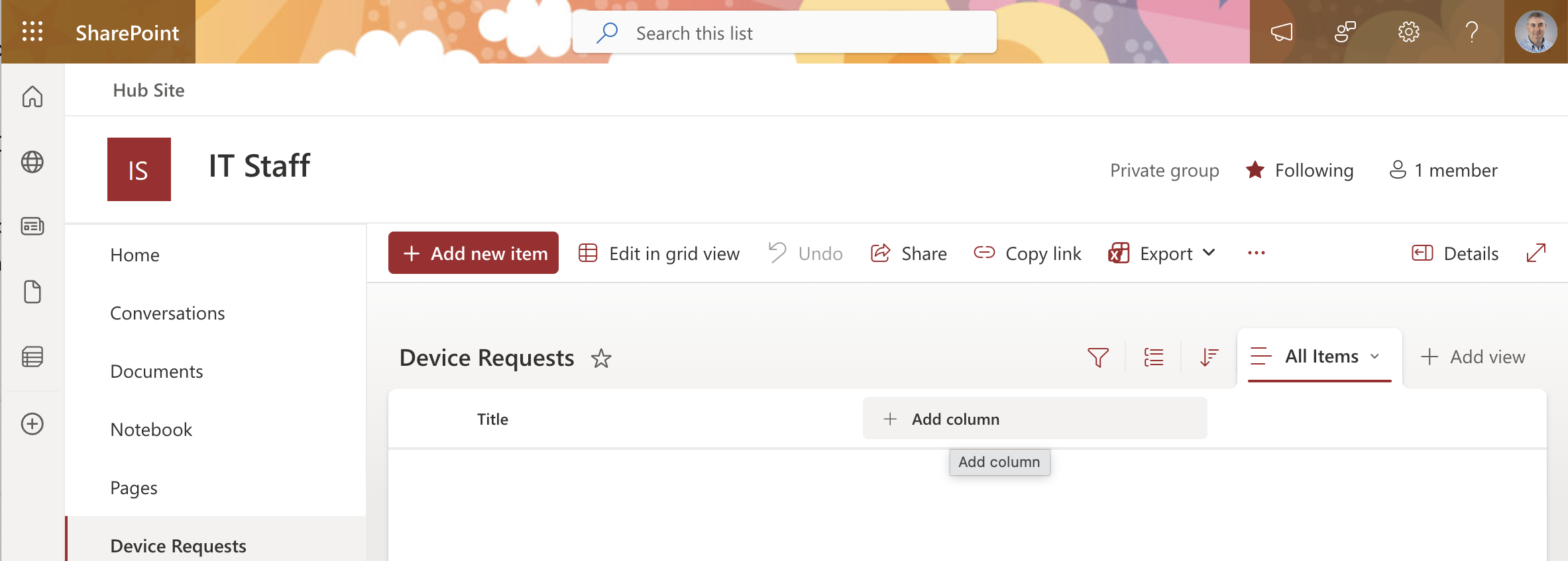 The empty Device Requests list was created with just a Title column
