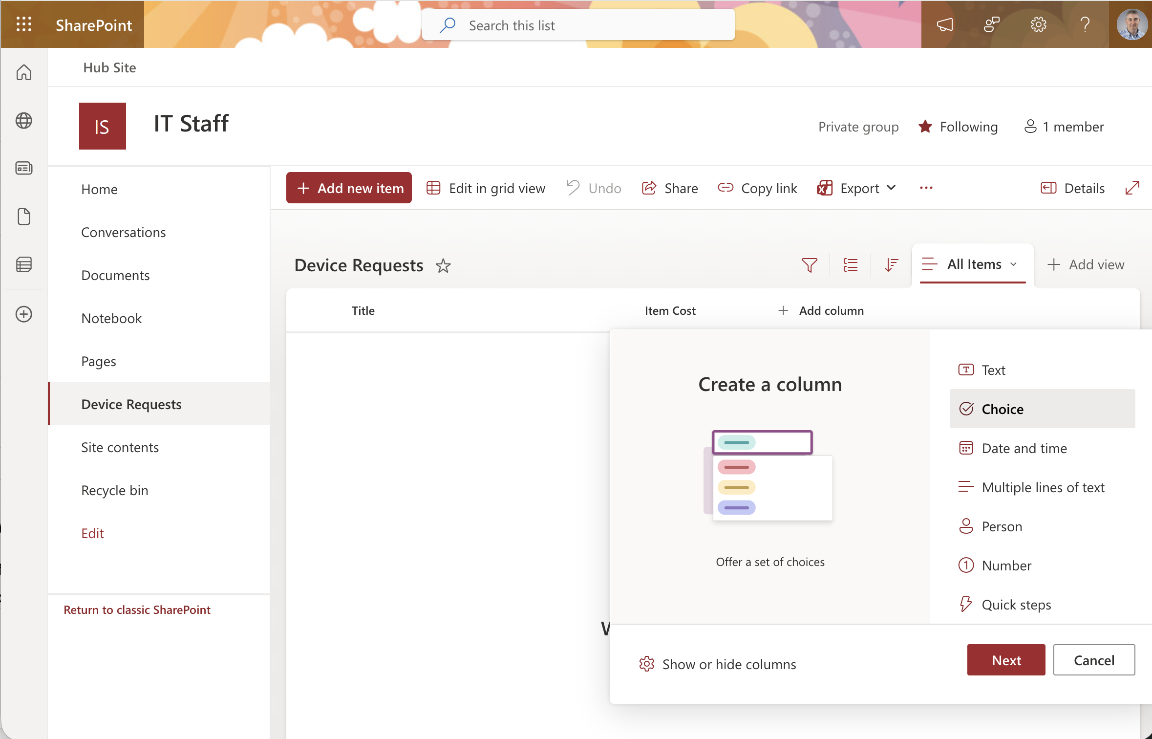 I created a "Status" column as a Choice type with options: Pending, Approved, and Rejected