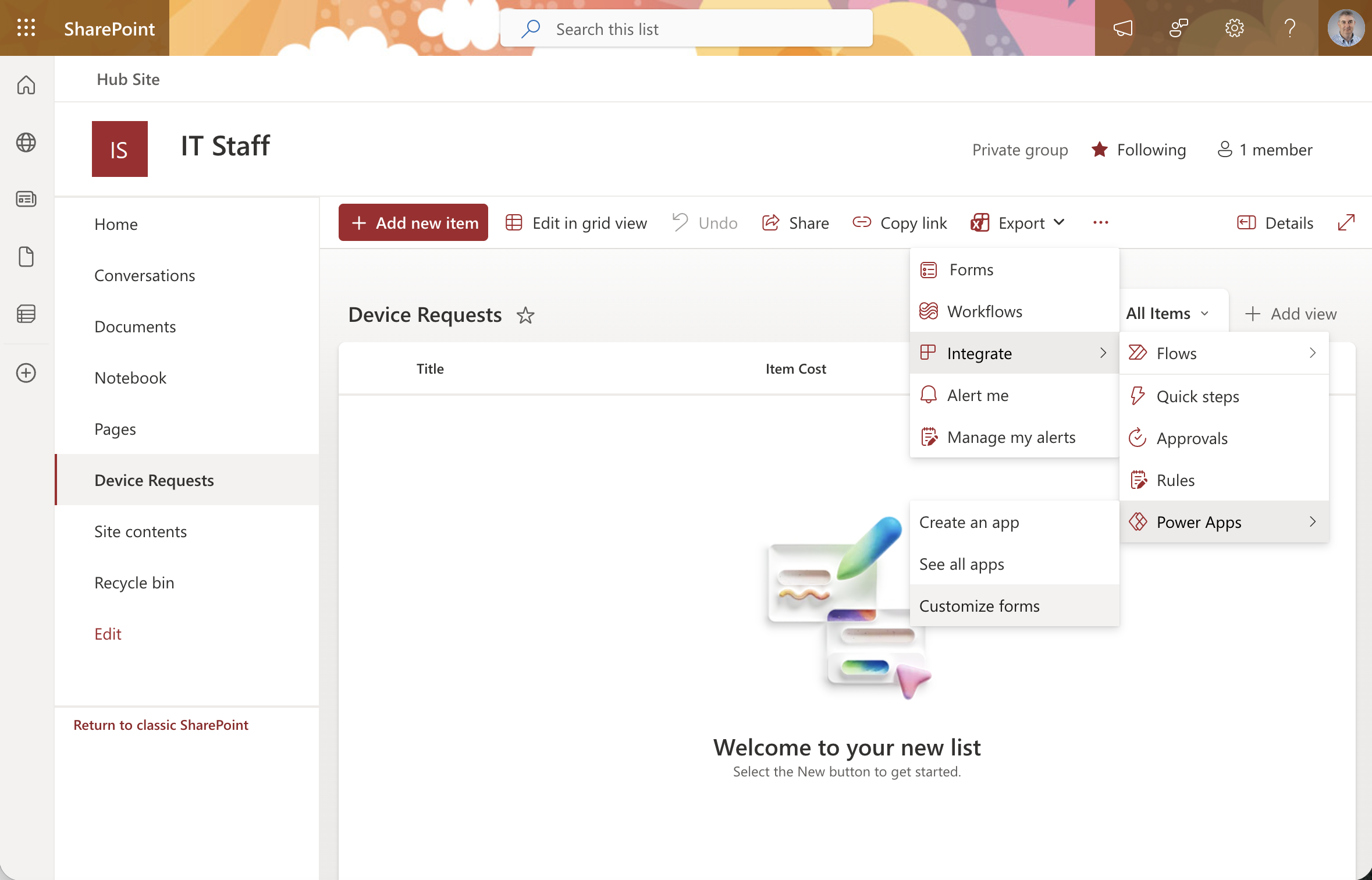I opened the Integrate menu and selected Power Apps to customise the list form