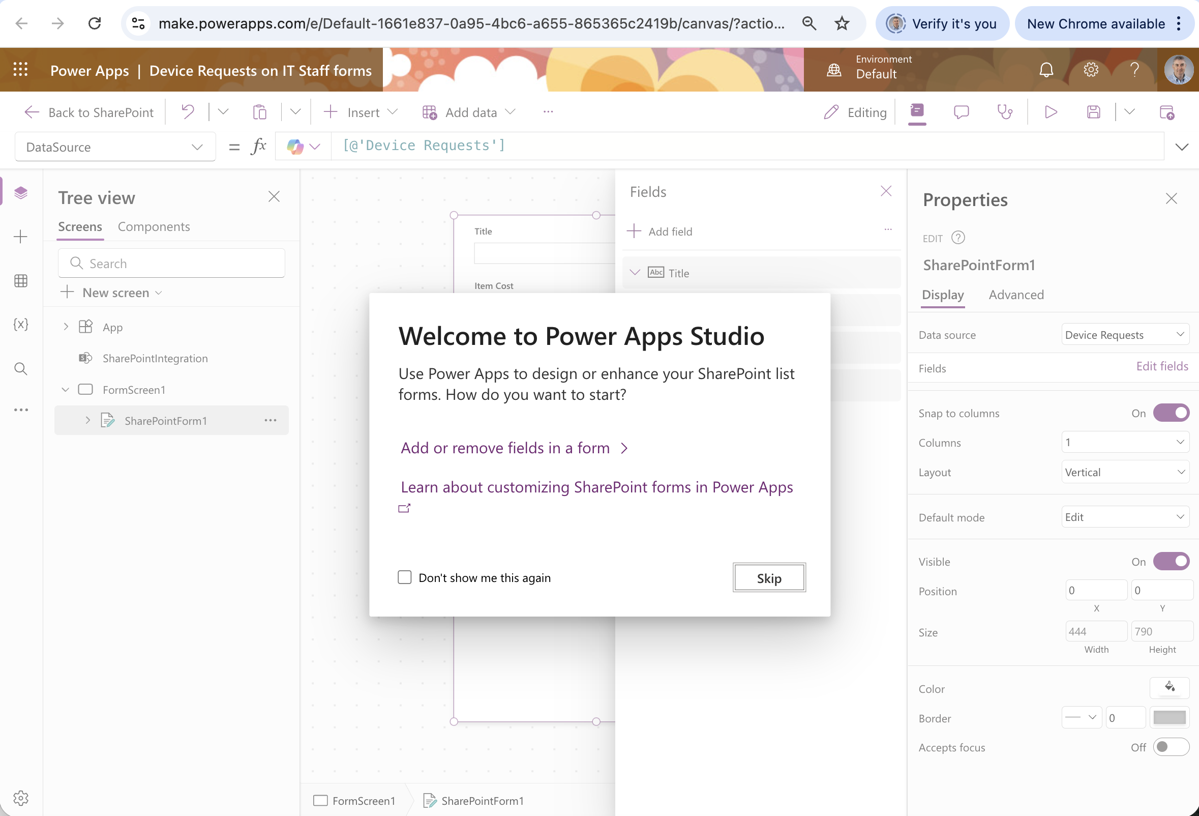 Power Apps Studio opened with the Device Requests form