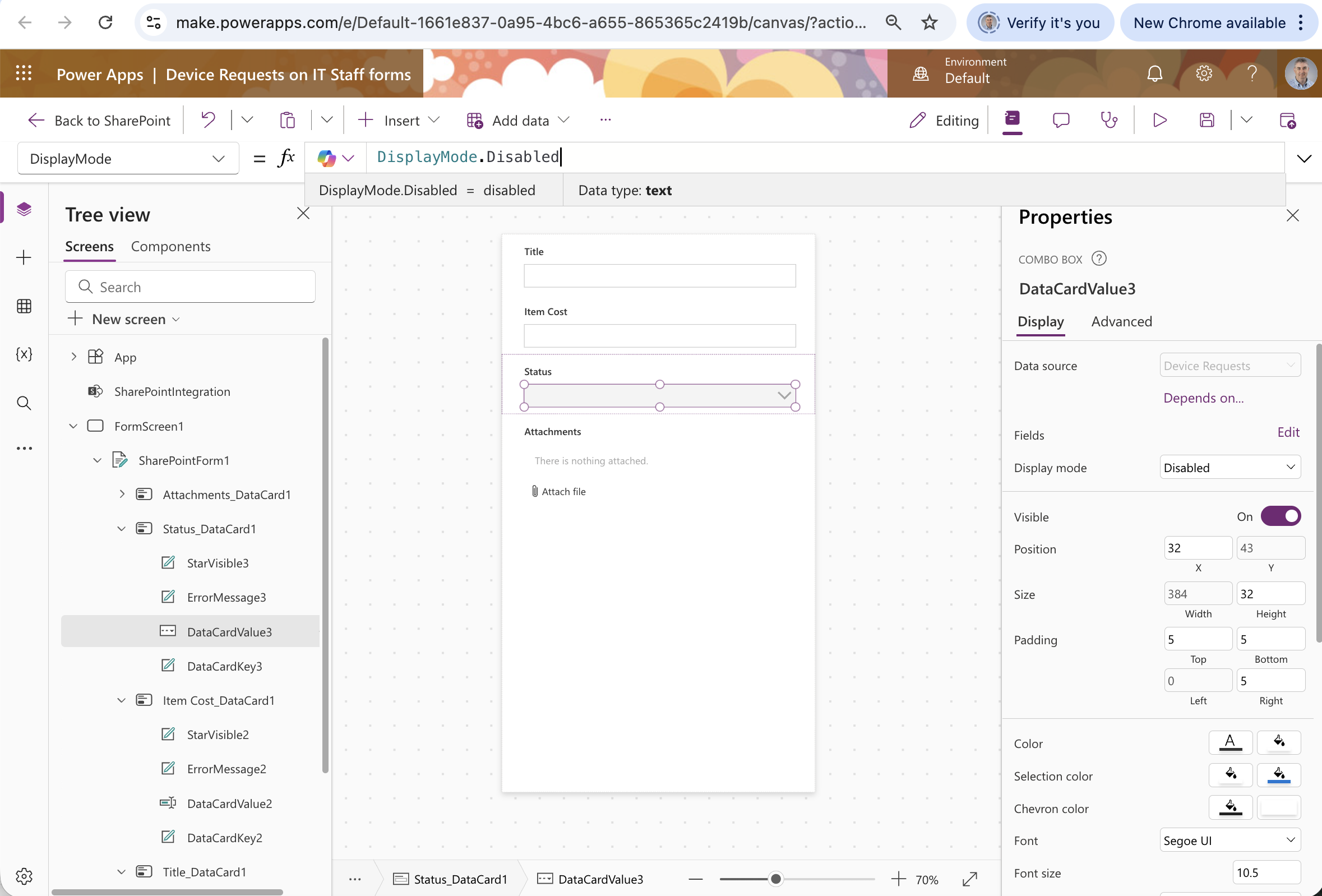 I selected the Status field and set its DisplayMode to Disabled so users cannot edit the status when submitting a request