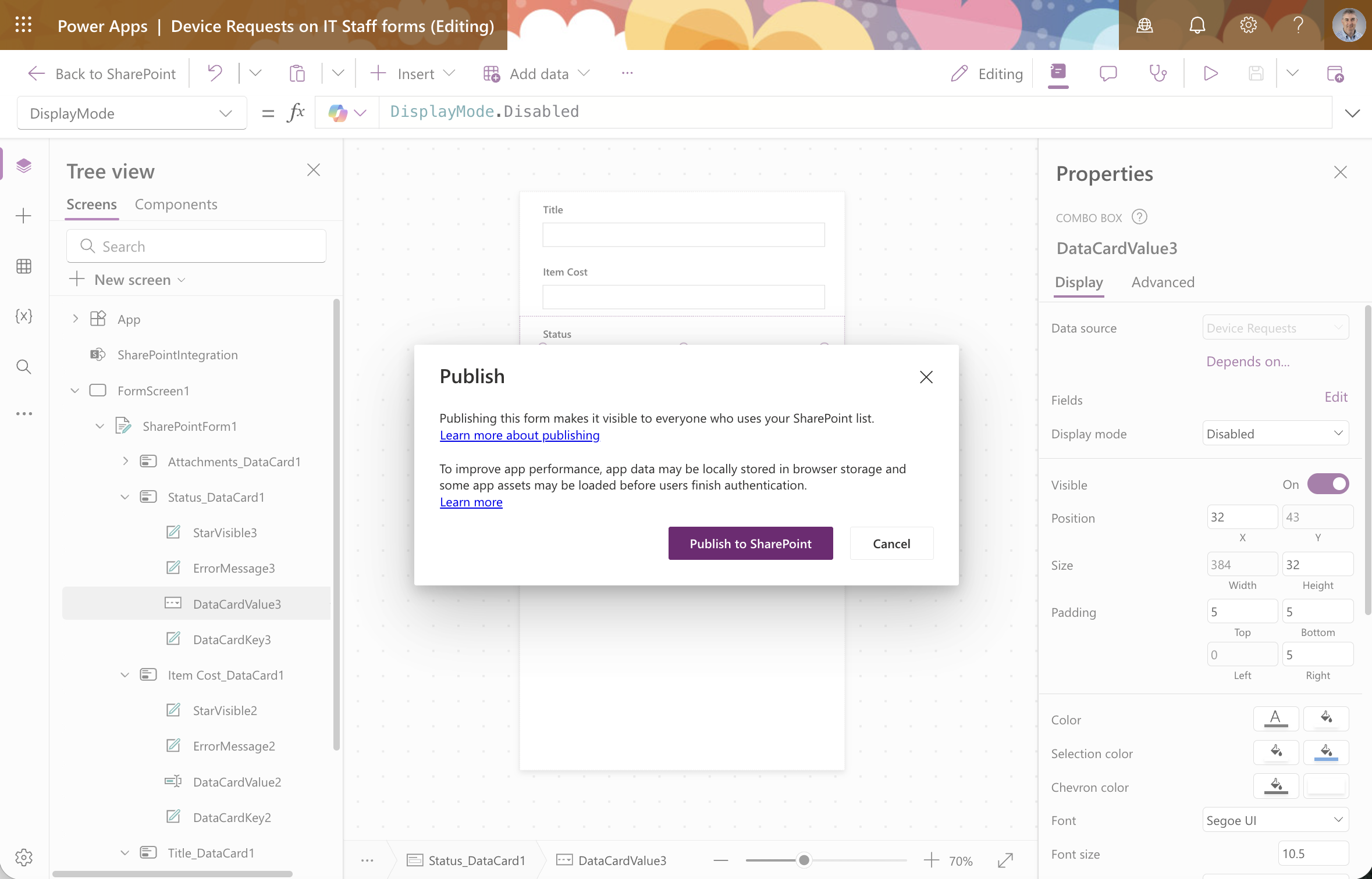 I published the customised form back to SharePoint