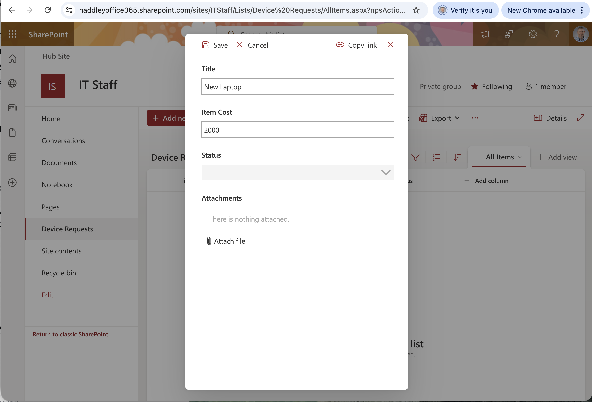 I clicked Add new item and the custom form opened — the Status field was greyed out as intended