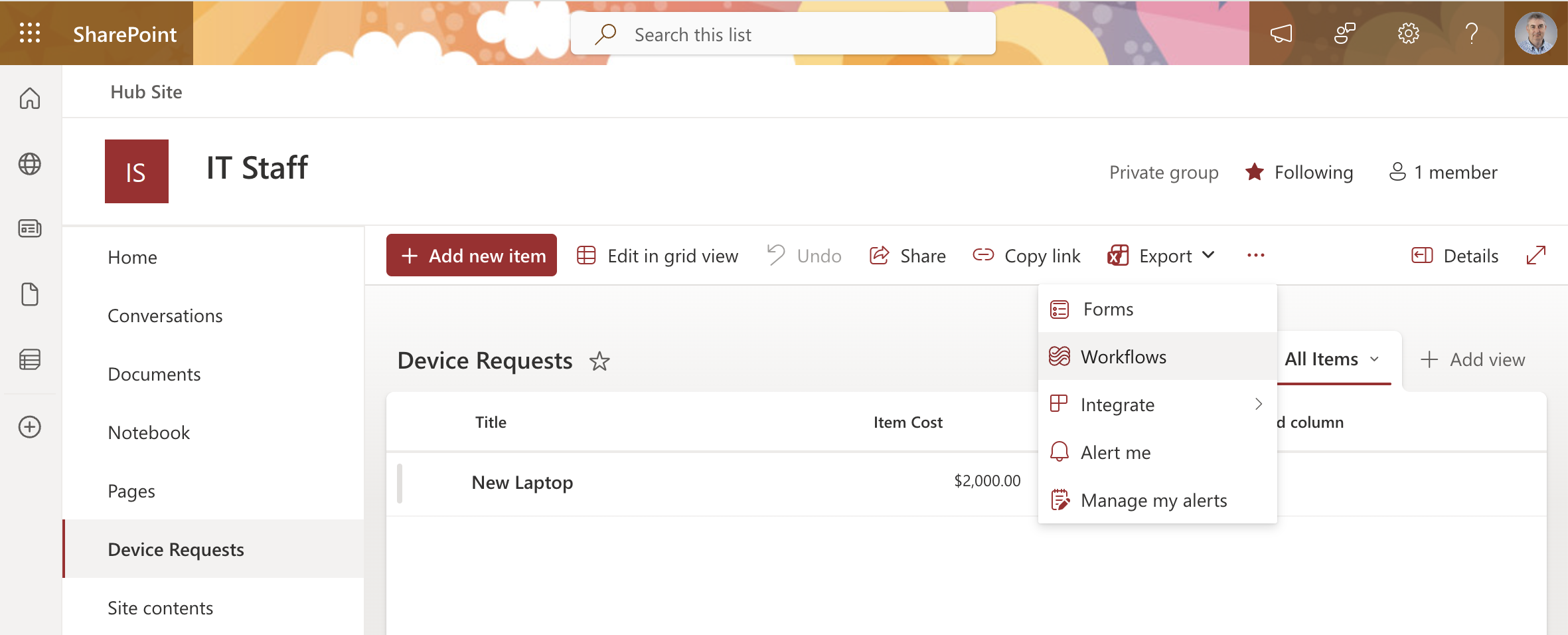 I opened the Integrate menu and selected Workflows to add a Power Automate flow