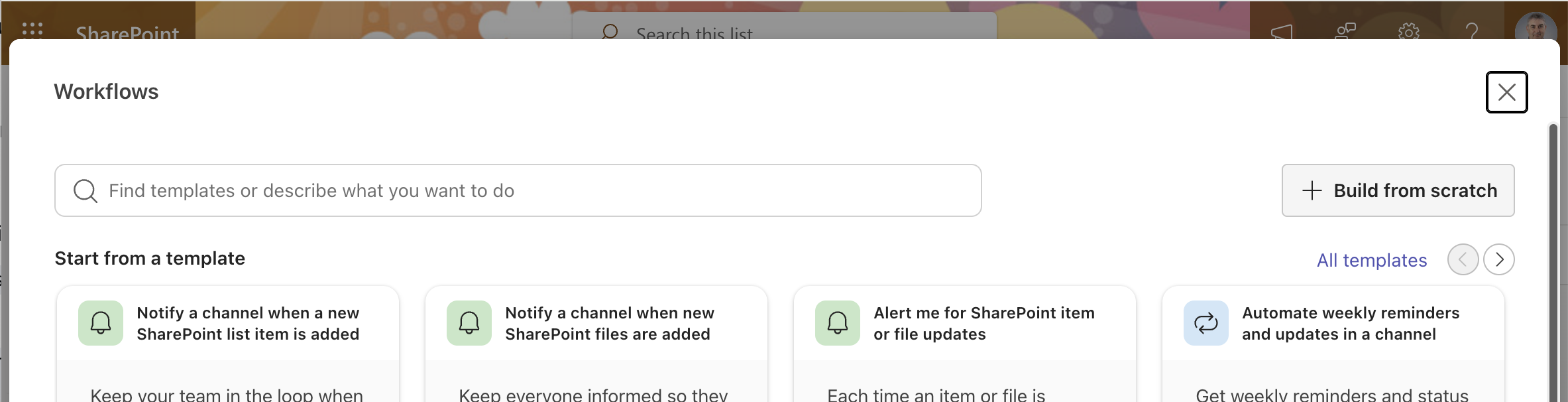 The Workflows panel opened showing available workflow templates