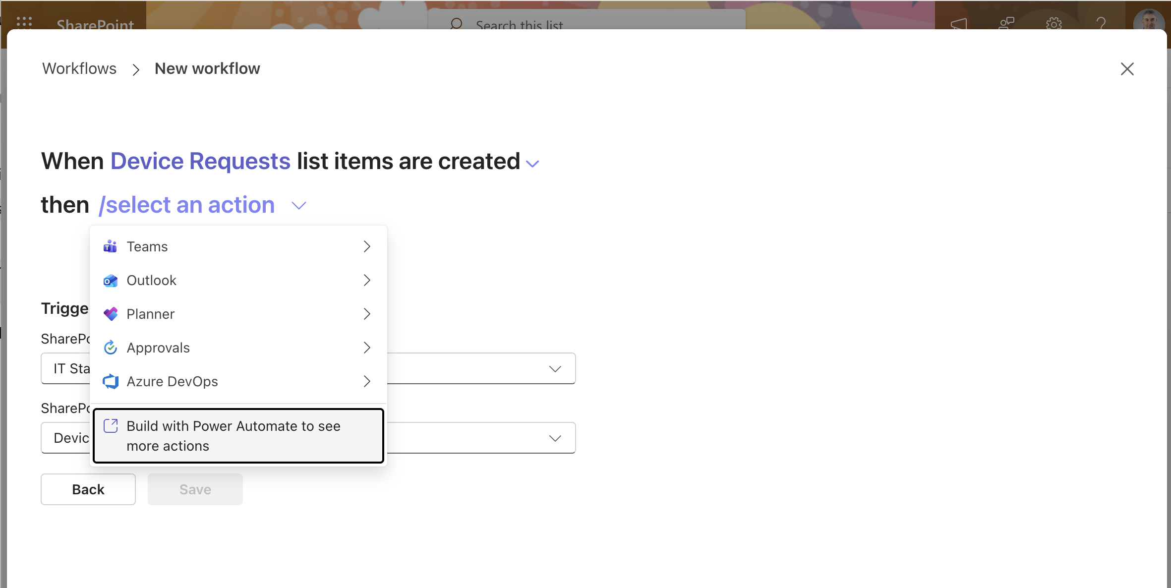 The trigger was set to fire when Device Requests items are created — I chose to build the action in Power Automate for more options