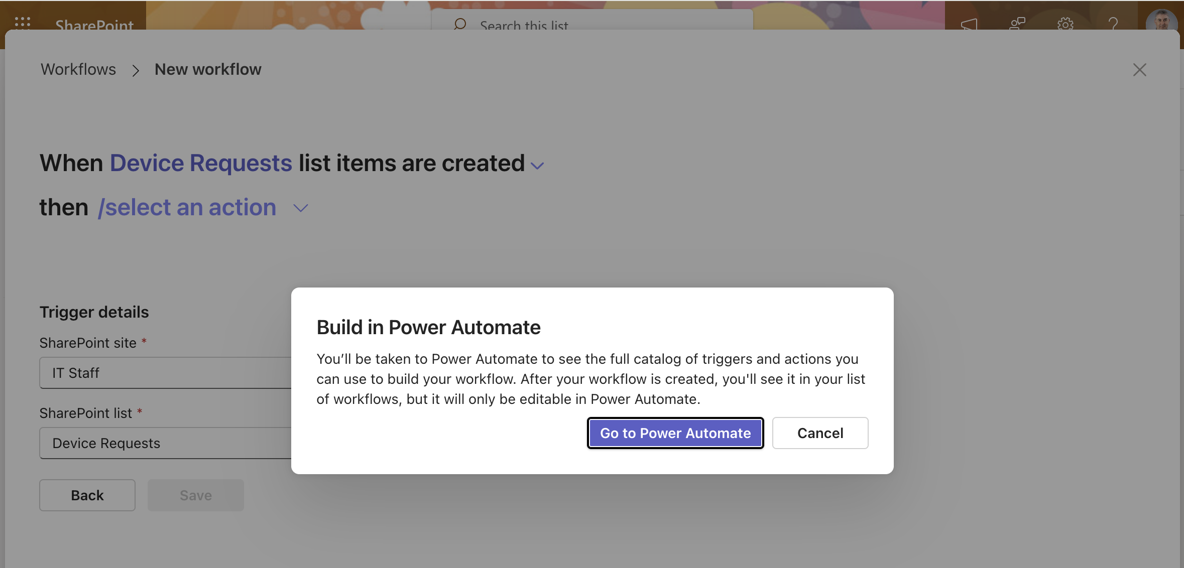 A dialog confirmed I'd be taken to Power Automate to build the full workflow