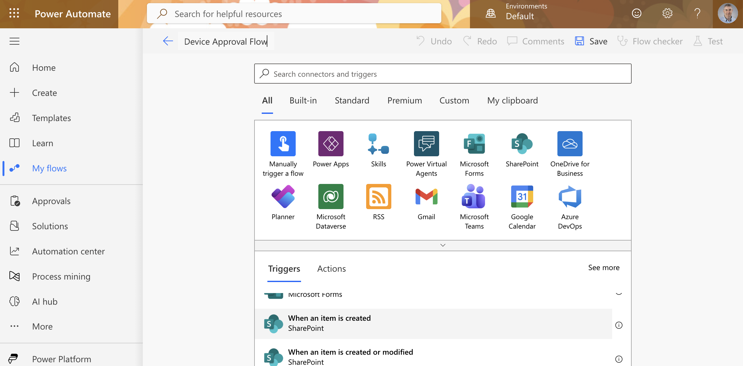 Power Automate opened with a new flow named "Device Approval Flow" and the SharePoint trigger connectors visible