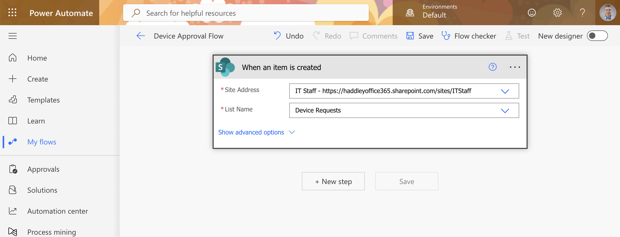 I configured the trigger with the IT Staff site and Device Requests list