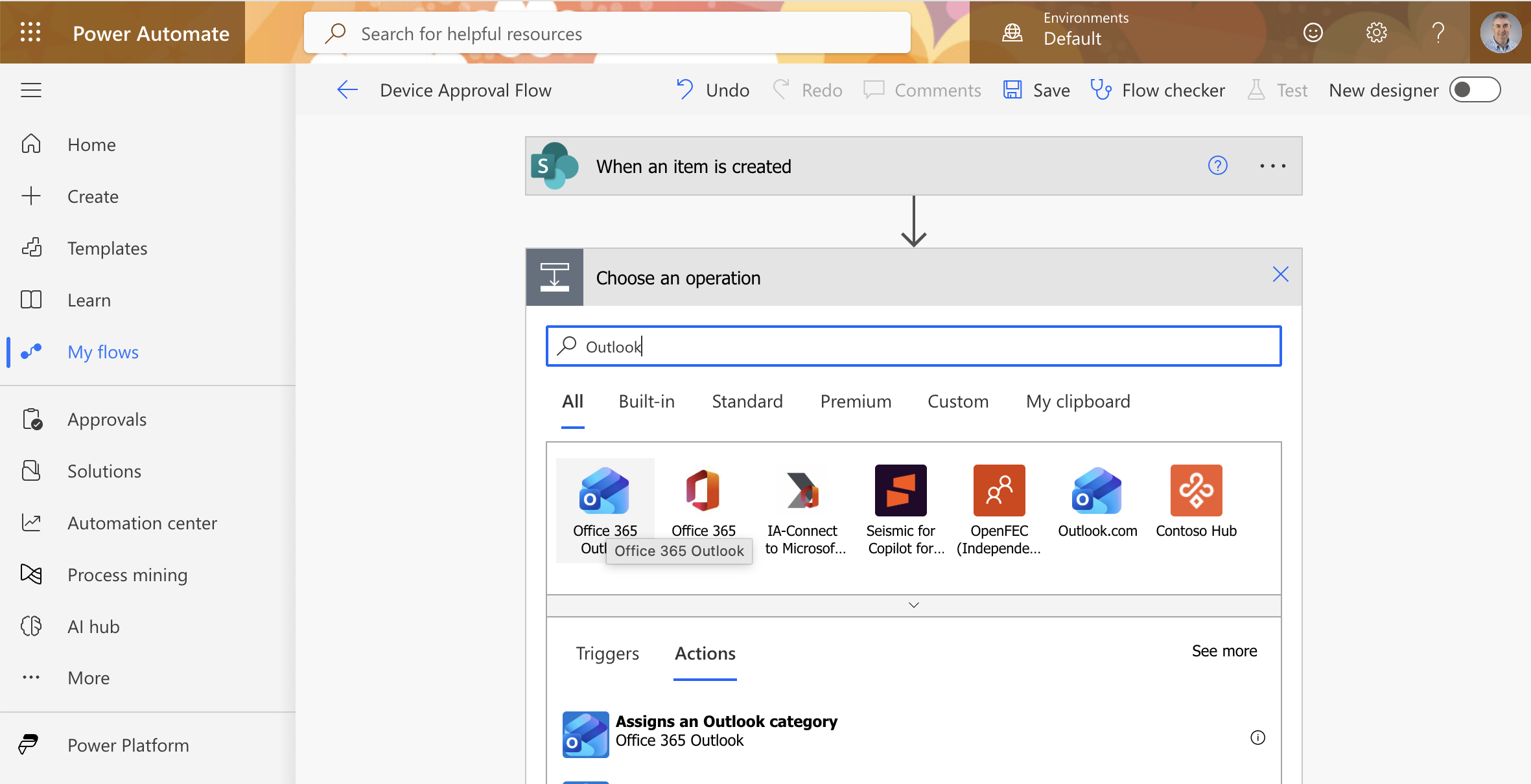 I added a new step and searched for Outlook to add an email action