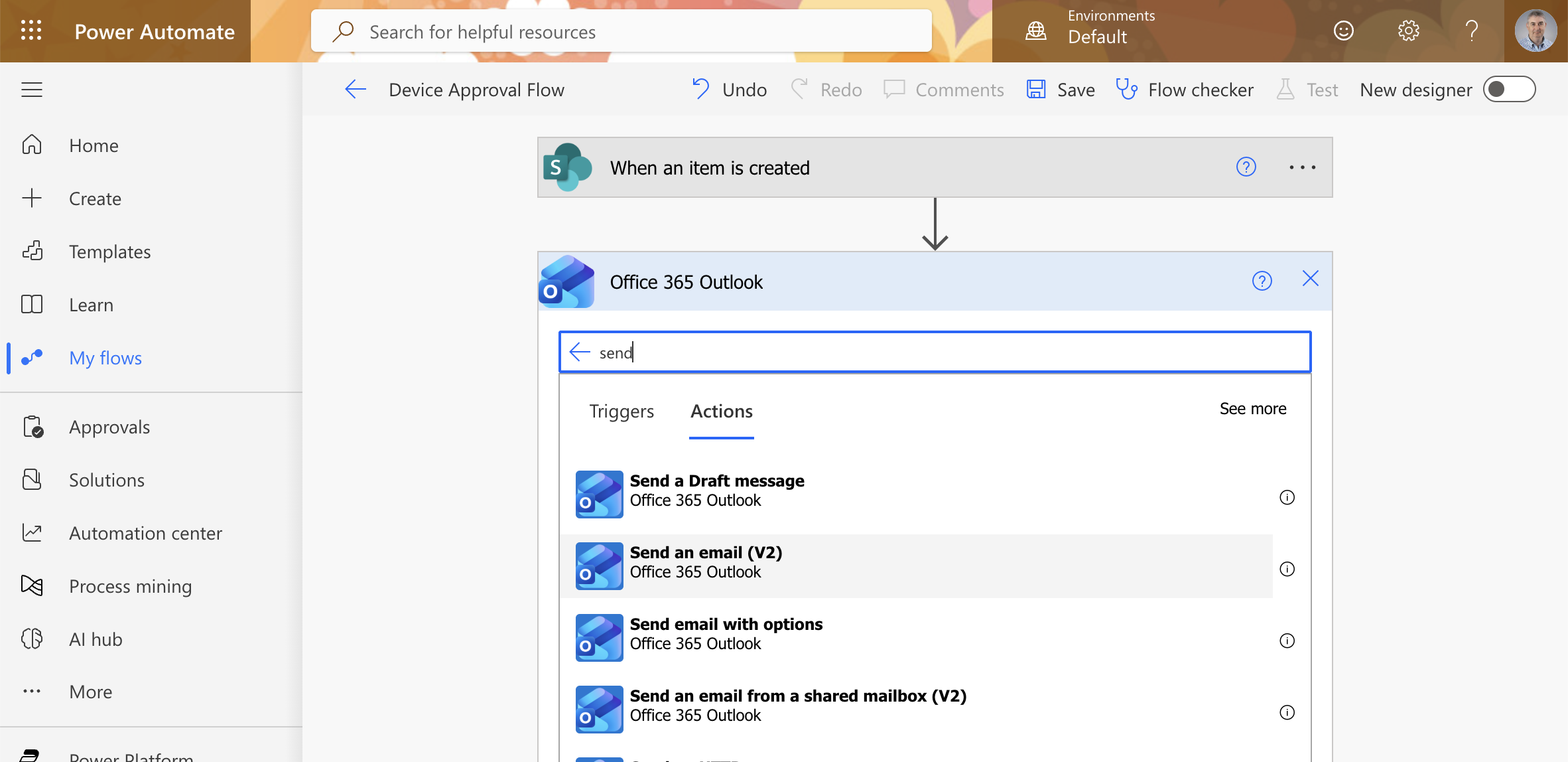 I searched for "send" within Office 365 Outlook and selected "Send an email (V2)"