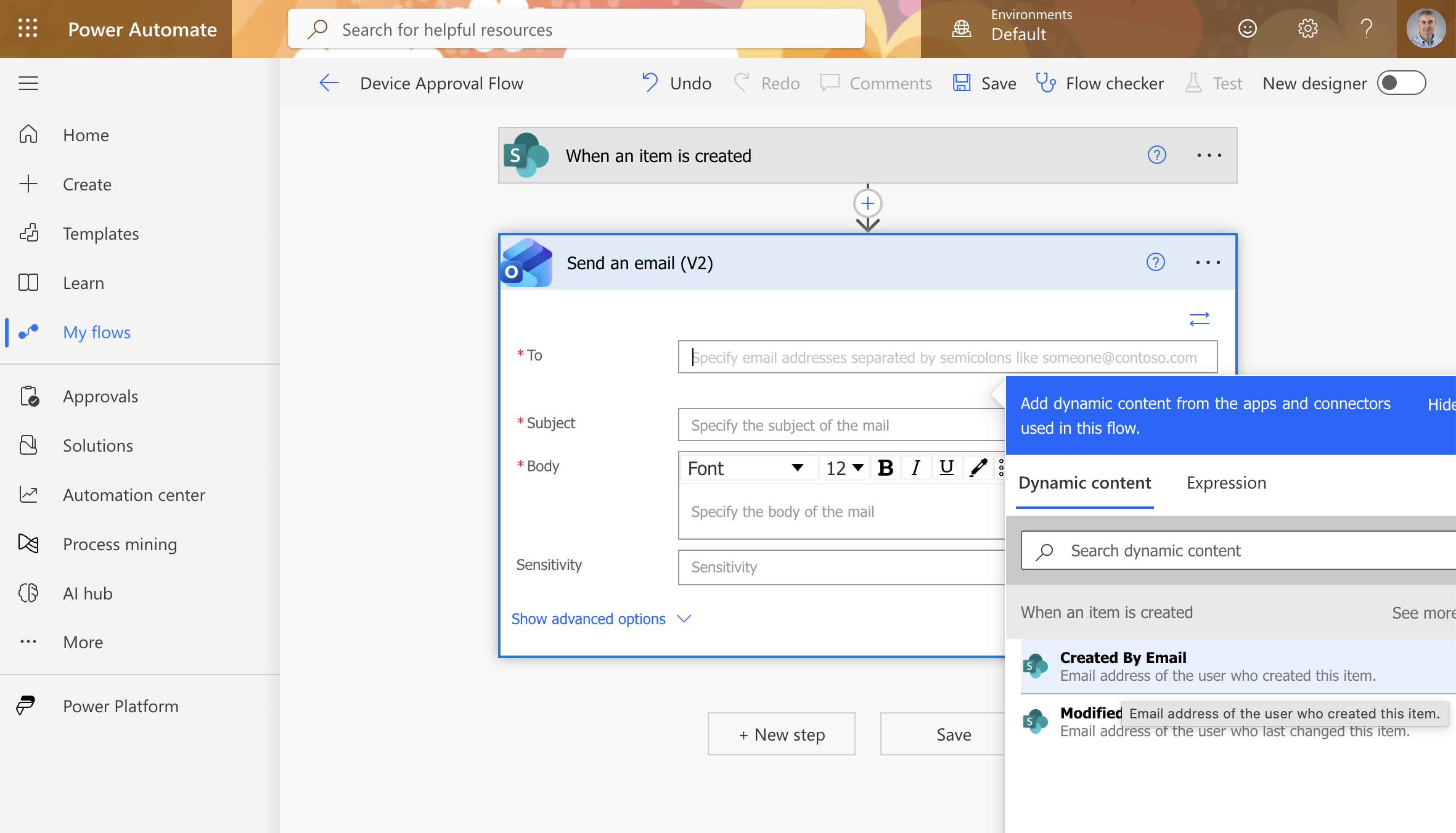 The Send an email action expanded with the Dynamic content panel open, showing "Created By Email" as the recipient
