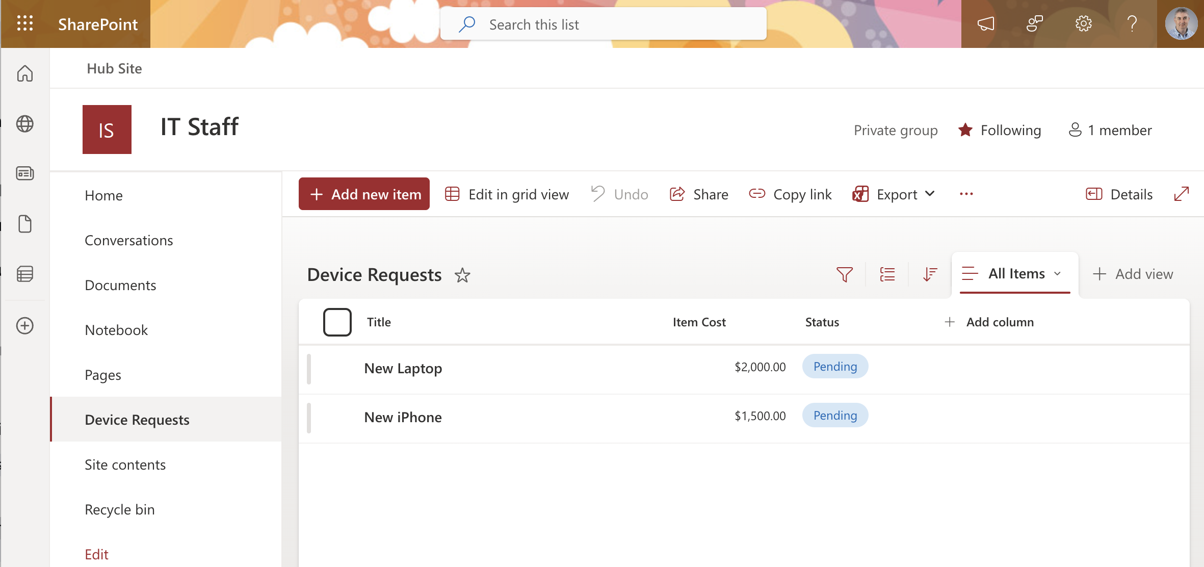 The list now showed both requests — New Laptop and New iPhone — each with Pending status