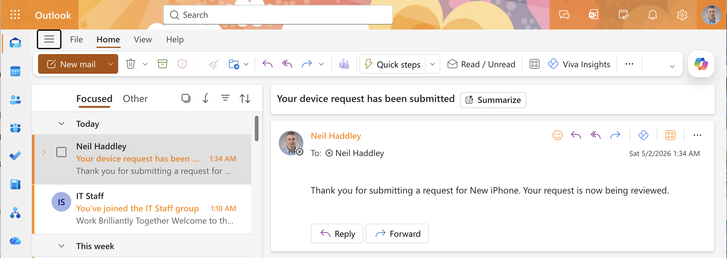 The Power Automate flow triggered automatically and sent a confirmation email: "Thank you for submitting a request for New iPhone. Your request is now being reviewed."