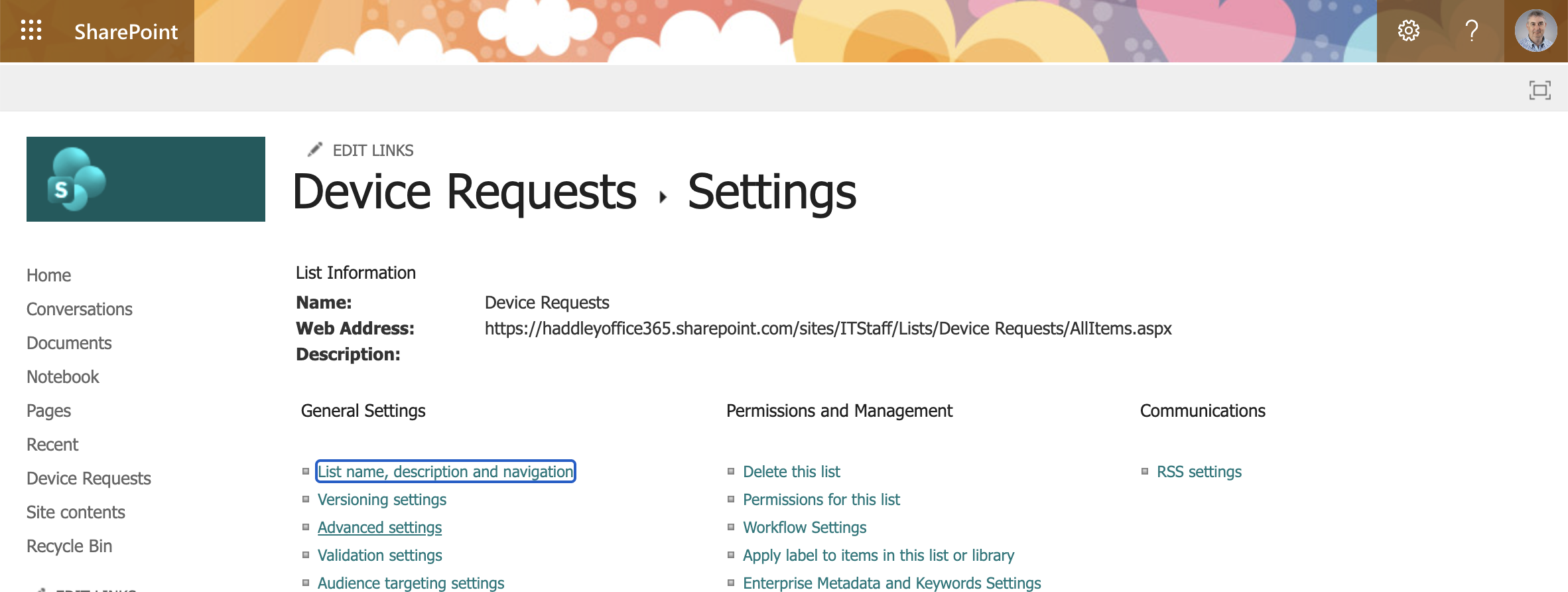 I opened the Device Requests Settings page to navigate to Advanced settings