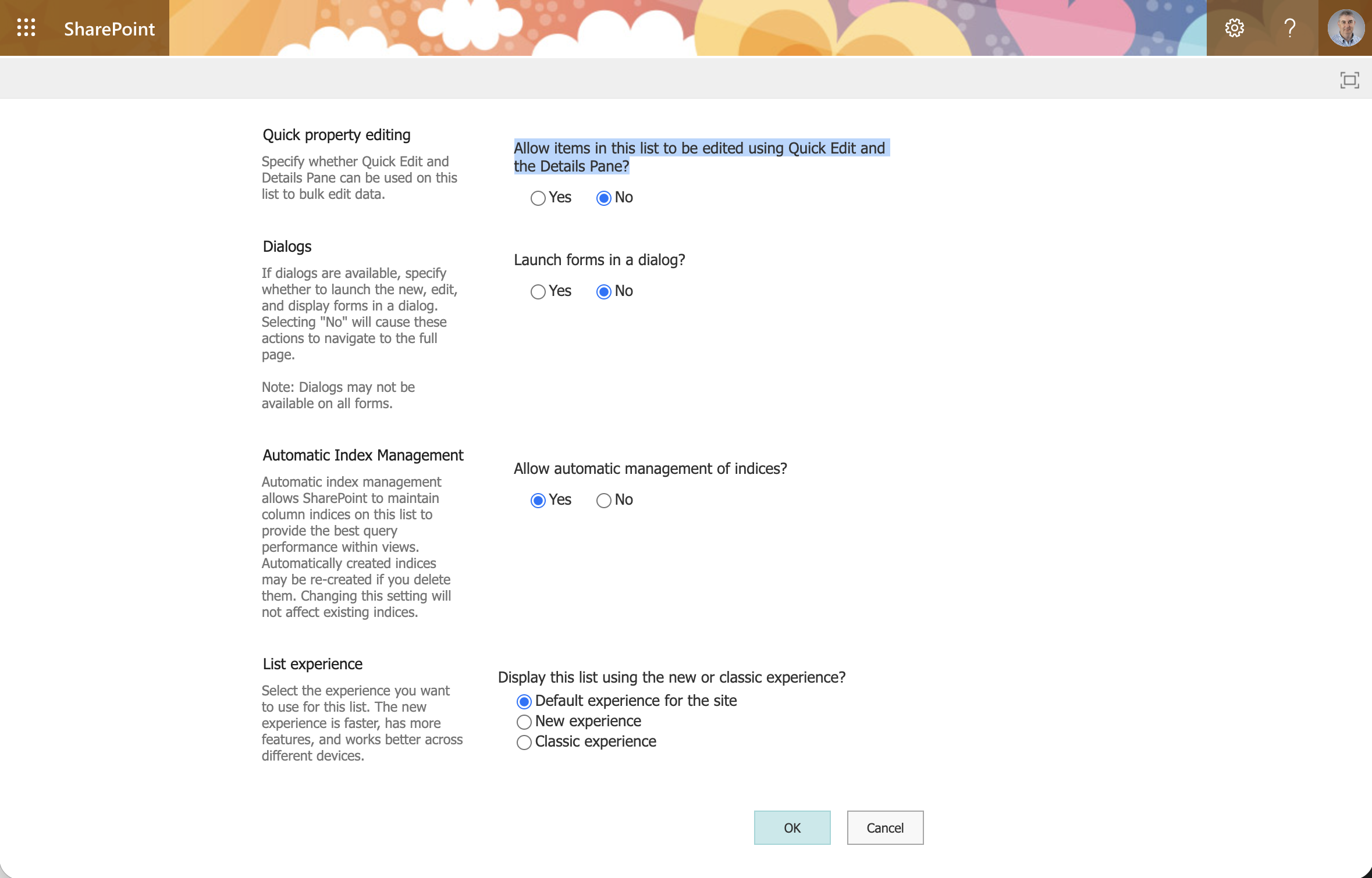 I set "Allow items in this list to be edited using Quick Edit and the Details Pane?" to No to disable inline grid editing and clicked OK to save