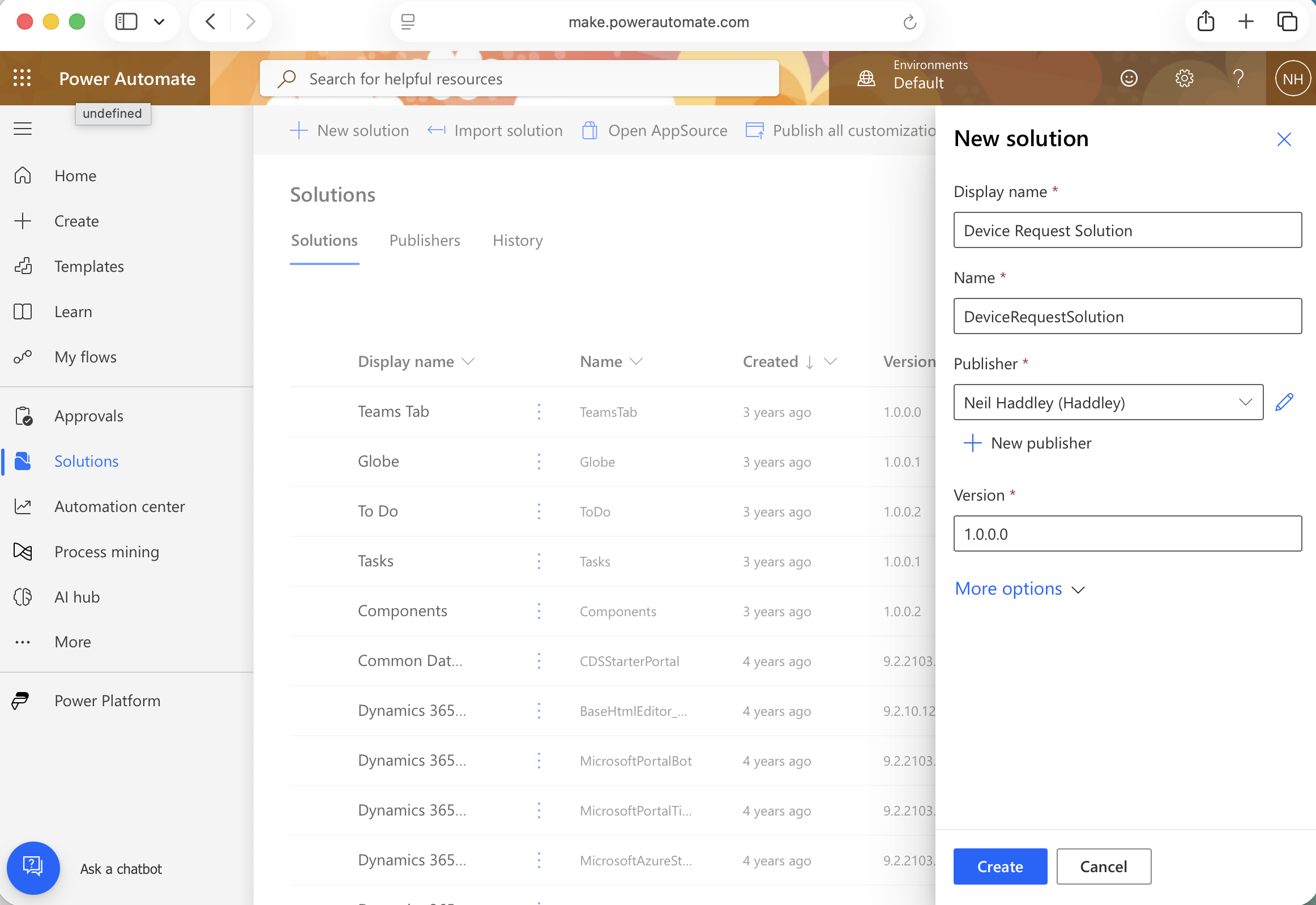 I created a new Power Automate solution called "Device Request Solution" to contain the flow and canvas app