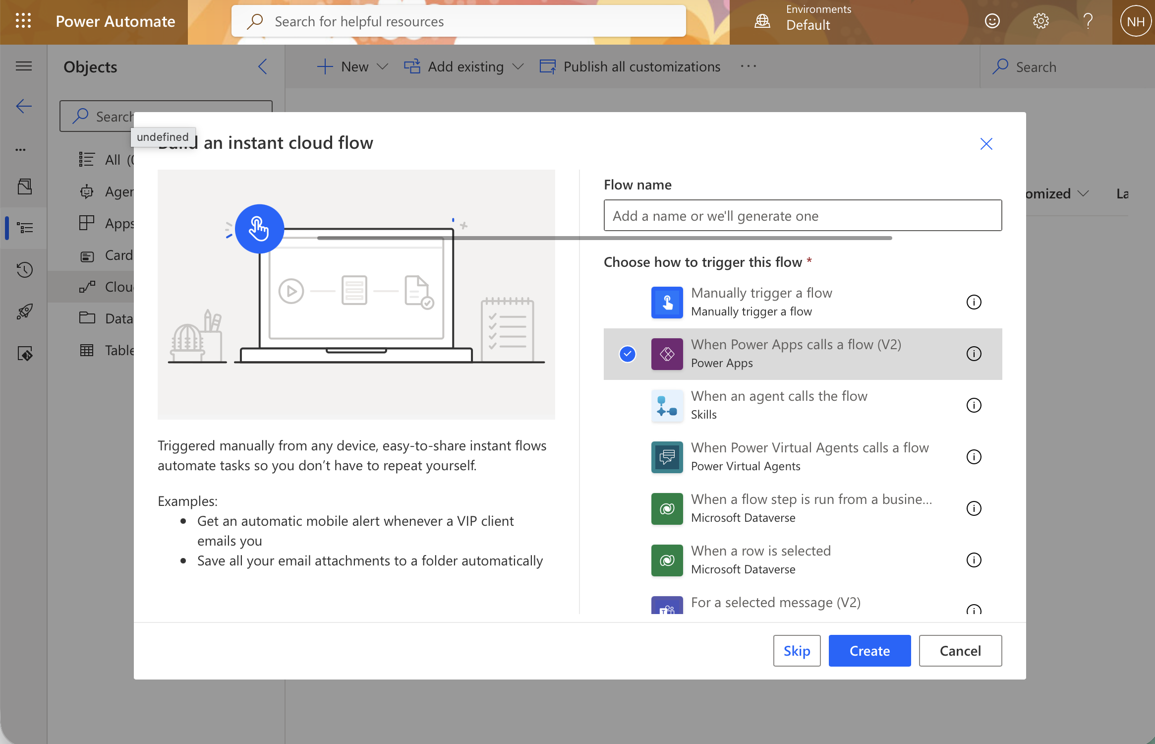 I named the flow "Submit Device Request" and chose "When Power Apps calls a flow (V2)" as the trigger