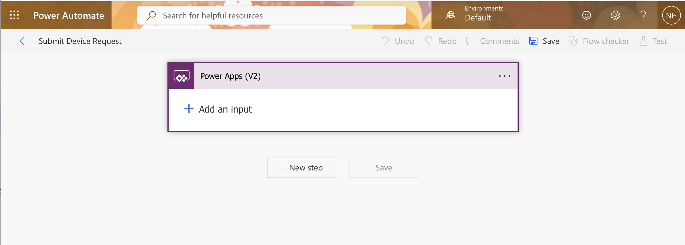 The flow opened with the Power Apps (V2) trigger — I clicked "Add an input" to define the data the canvas app would pass in