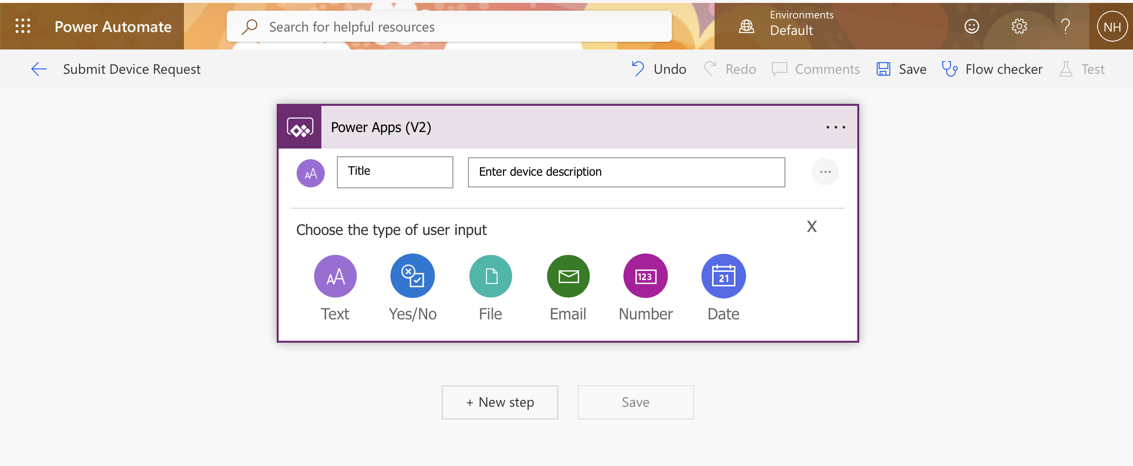 I named the first input "Title" with the placeholder "Enter device description", then clicked Add an input again to add a second field