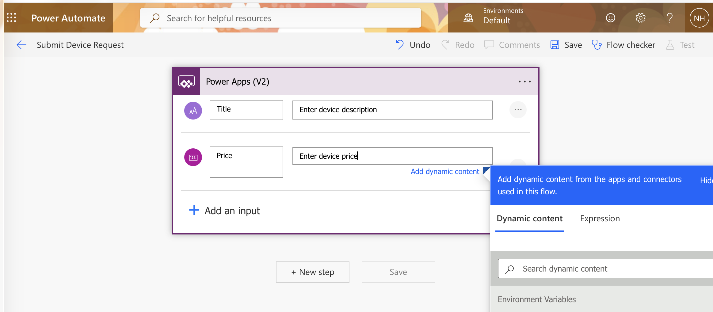 I added a second Number input named "Price" with the placeholder "Enter device price"