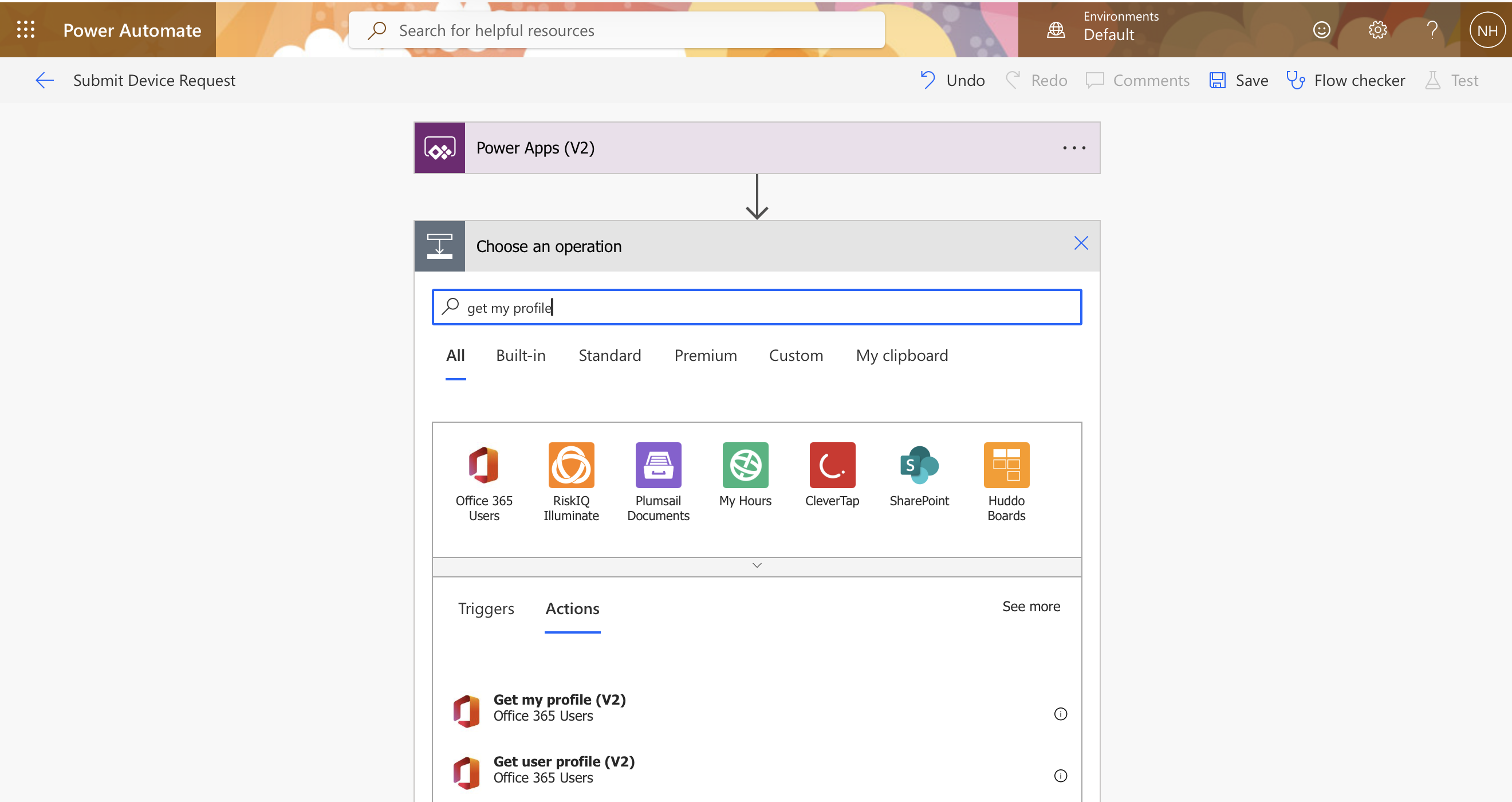 I added a new step, searched for "get my profile", and selected "Get my profile (V2)" from Office 365 Users to retrieve the submitter's details