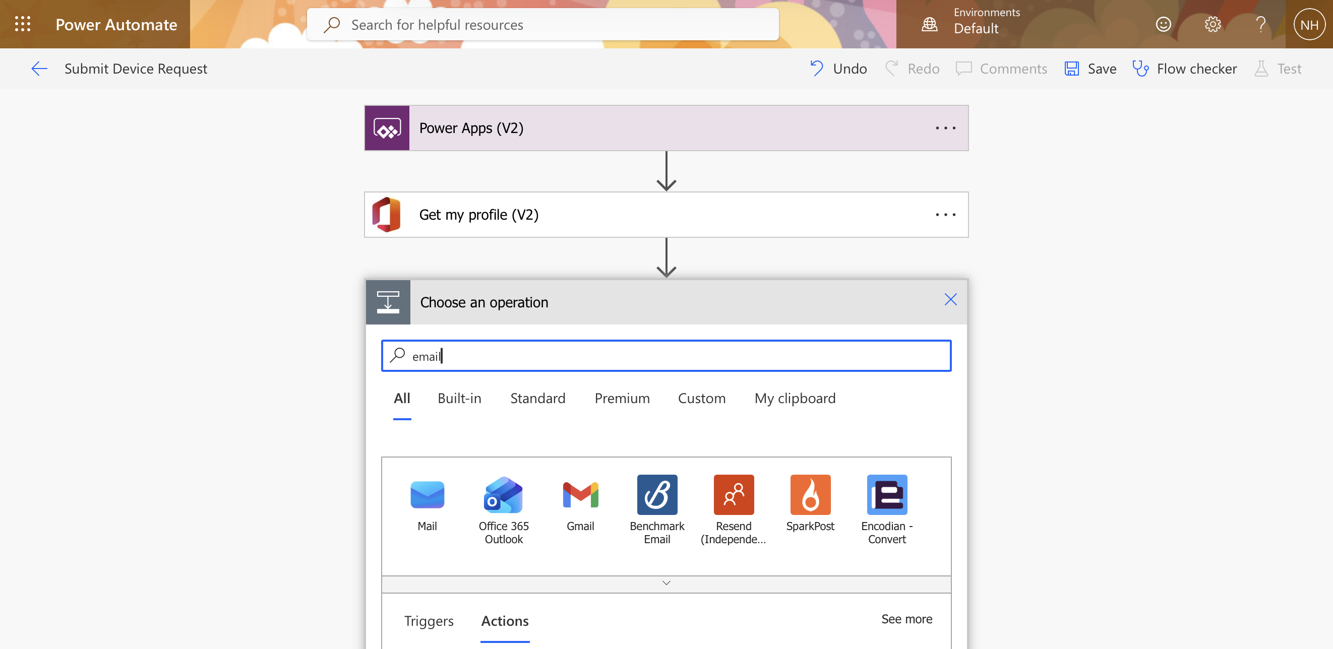 I added another step and searched for "email" to find the Office 365 Outlook connector