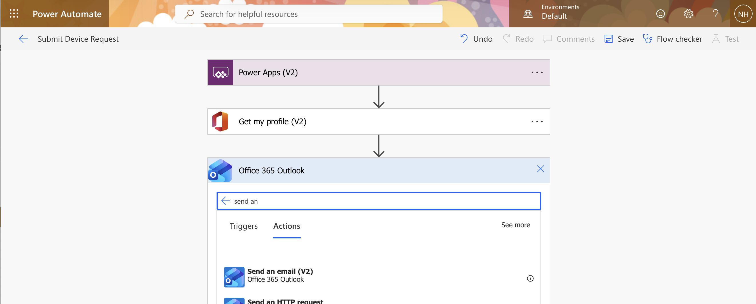 I searched for "send an" within Office 365 Outlook and selected "Send an email (V2)"