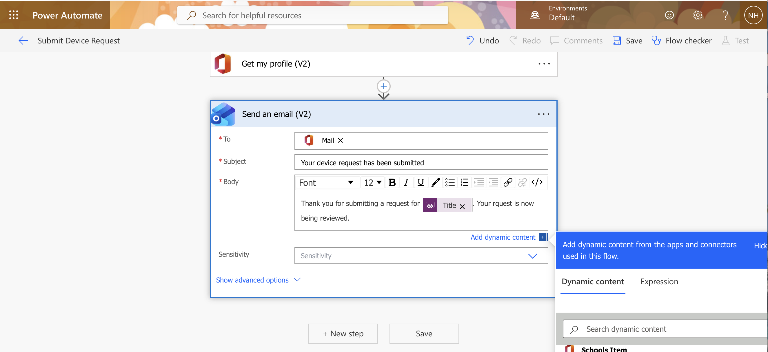 I configured the email action with the user's Mail address from Get my profile as the recipient, the subject "Your device request has been submitted", and the body referencing the Title input
