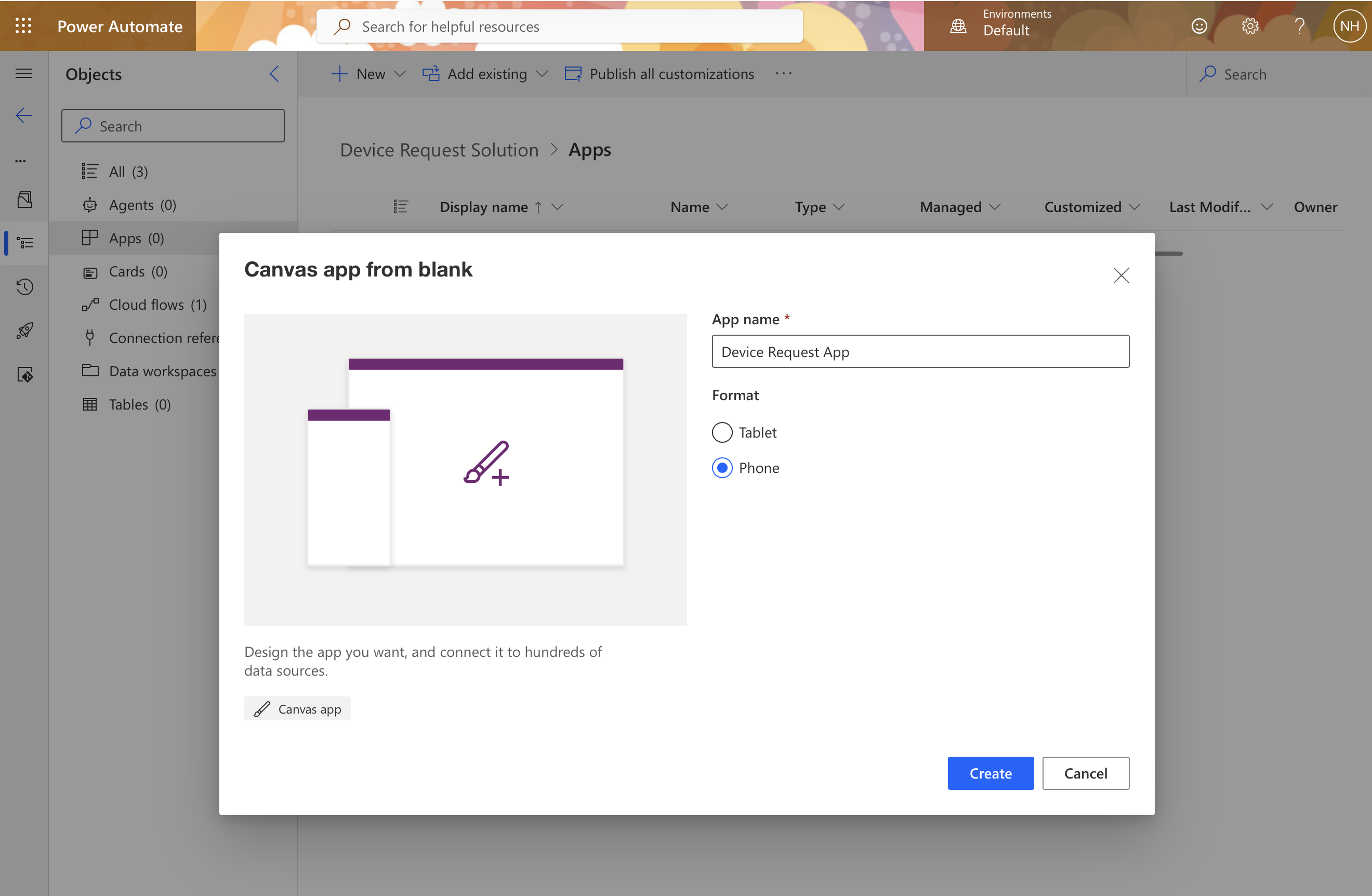 I named the canvas app "Device Request App", selected Phone format, and clicked Create