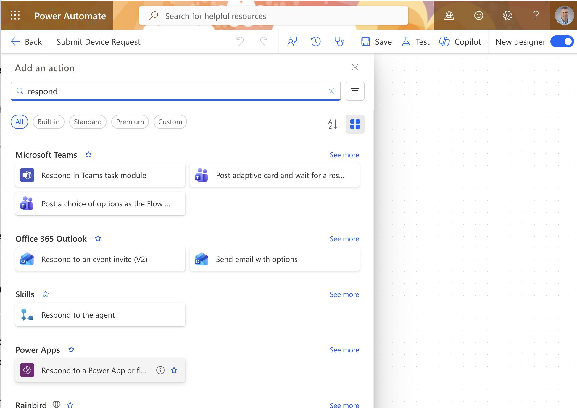 Back in the flow, I searched for "respond" and selected "Respond to a Power App or flow" so the flow could return a result to the canvas app